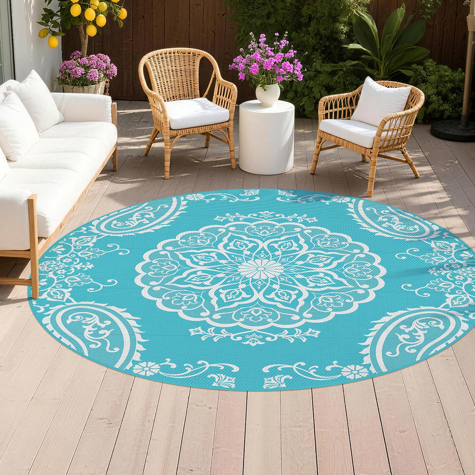 Pauwer Waterproof Outdoor Rug 8ft, Reversible Plastic Straw Patio Camping Rug, Indoor Outdoor RV Mat Carpet for Deck, Camper, Porch, Balcony, Backyard, Picnic, Boho Teal