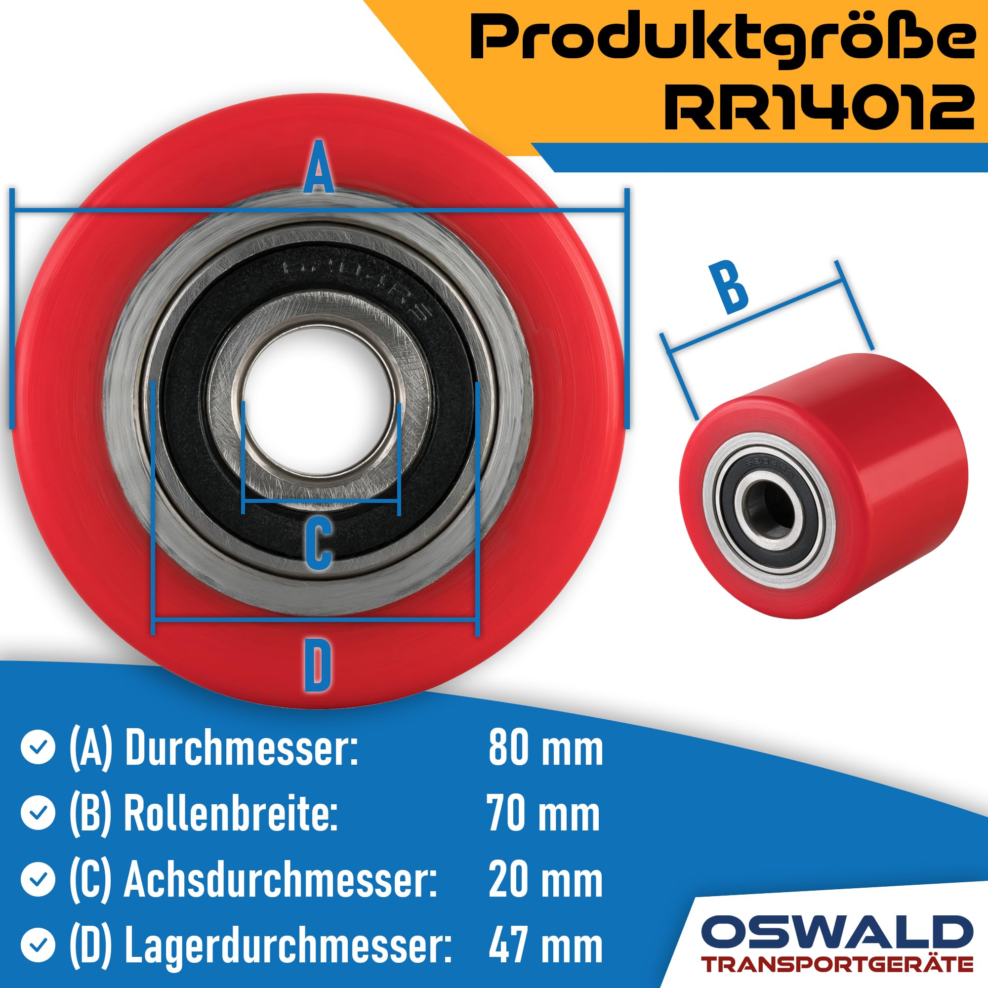 4 Stück Hubwagen Rollen Polyurethan rot 80 x 70 mm, Achse 20 mm - Ersatzrolle inkl. Kugellager