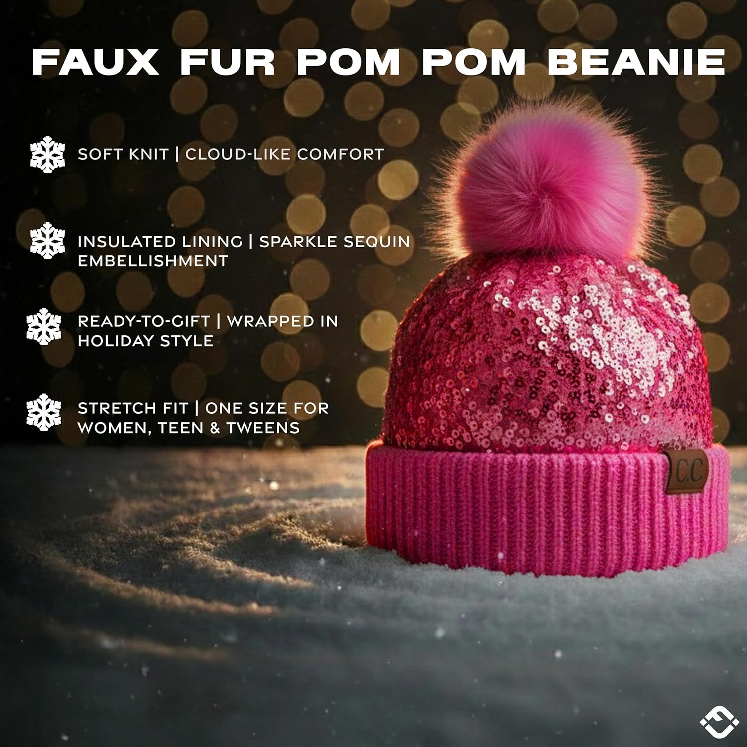 Funky Junque Women's Sequin Pom Beanies – Soft Knit Sparkly Bling Winter Hats for Women, Faux Fur Pom Glitter Sparkle Hat - Image 8