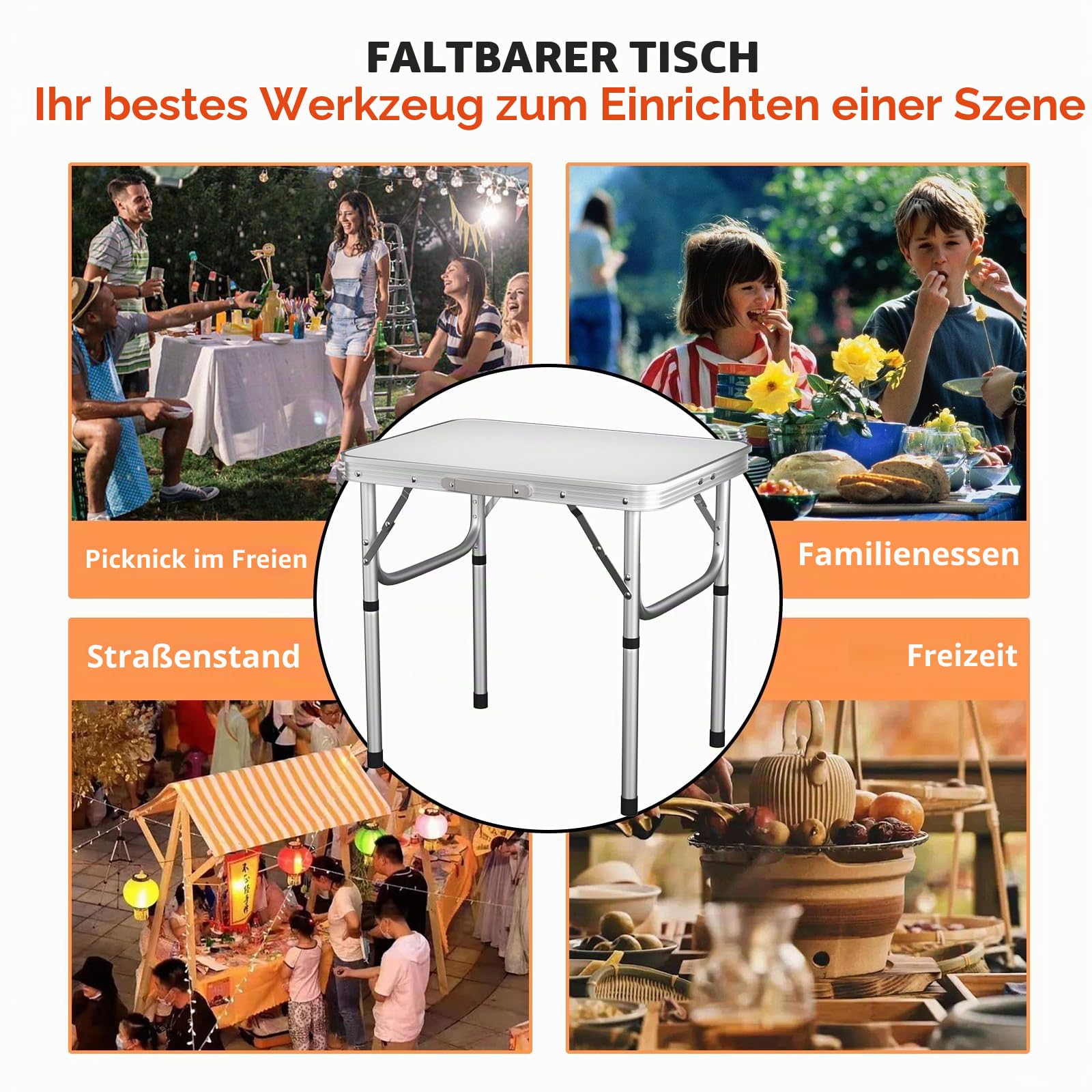 Klapptisch aus Aluminium, 60 cm, tragbar, für Camping, Picknick, Outdoor, Gartentisch für Grillparty, Schreibtisch, PC-Arbeitsplatz, platzsparend, kompakt, zusammenklappbar, höhenverstellbar