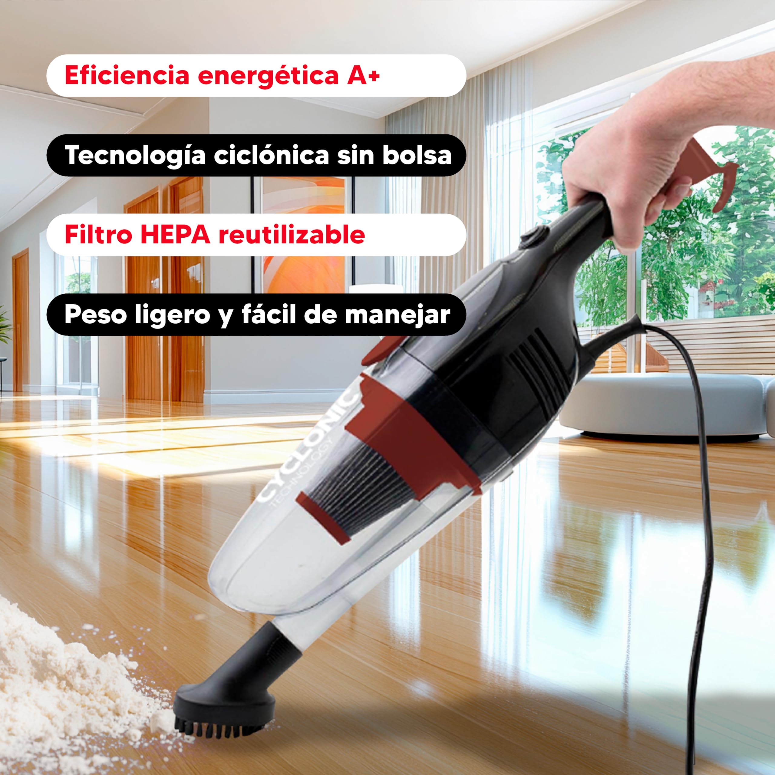 SOGO Cyclone Handheld Vacuum Cleaner 600W Energy Class A+ 2 in 1 with 0.8L Container HEPA Filter 4.5m Cable Black