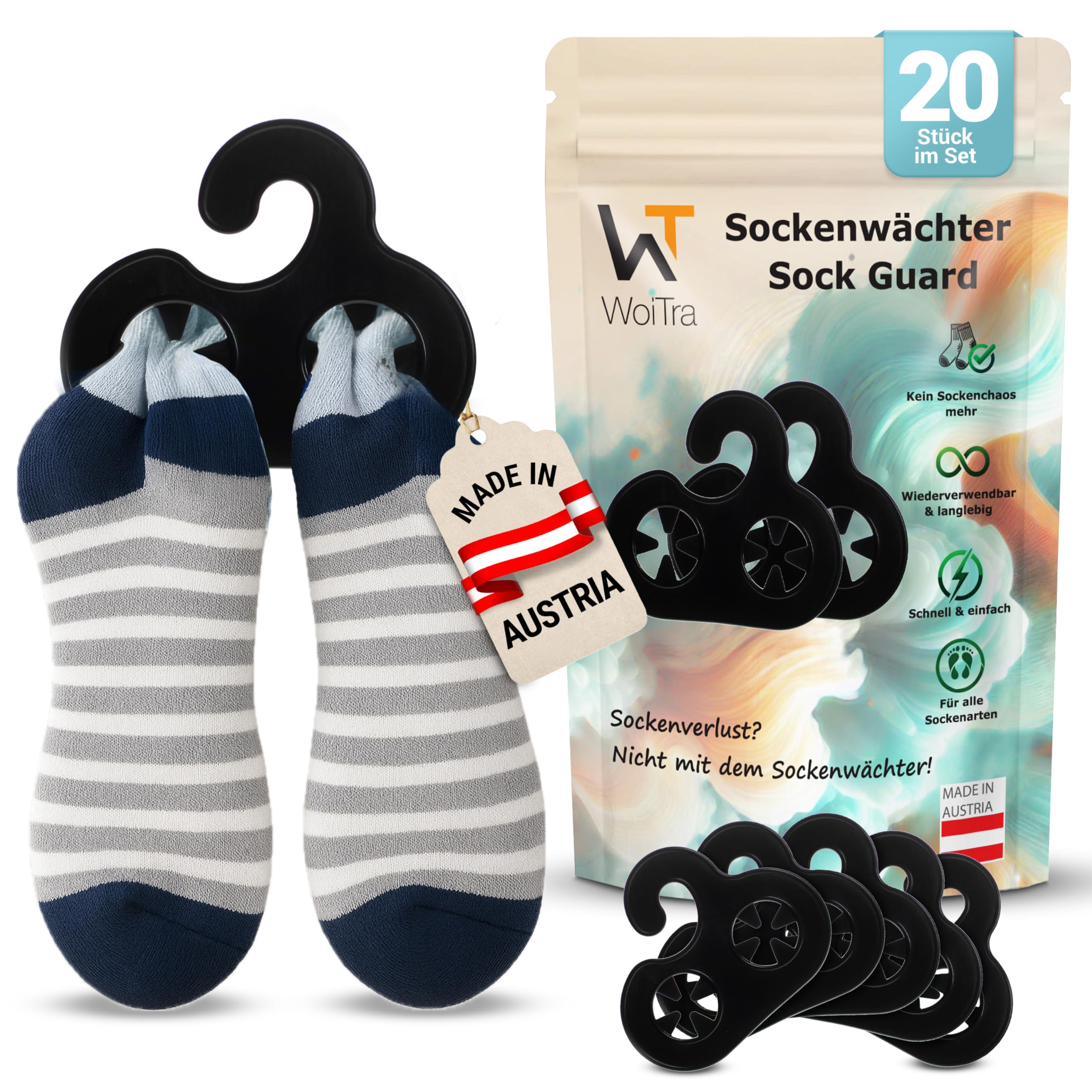 Woitra Black Sock Holder & Sock Dryer (Pack Of 20) - Sock Clips For Washing Machine And Dryer, Sock Hanger & Organiser To Prevent Sock Loss, Socks Sorting Aid (Black)