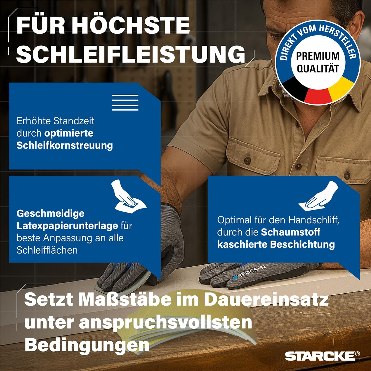 STARCKE Sandpaper Set 178 x [25 m Roll] Tear-Off with Foam - Made in Germany - Sanding Pad Set with Stearate Coating - for Plaster, Varnish, Wood, Spatula, Car Painter (P800)