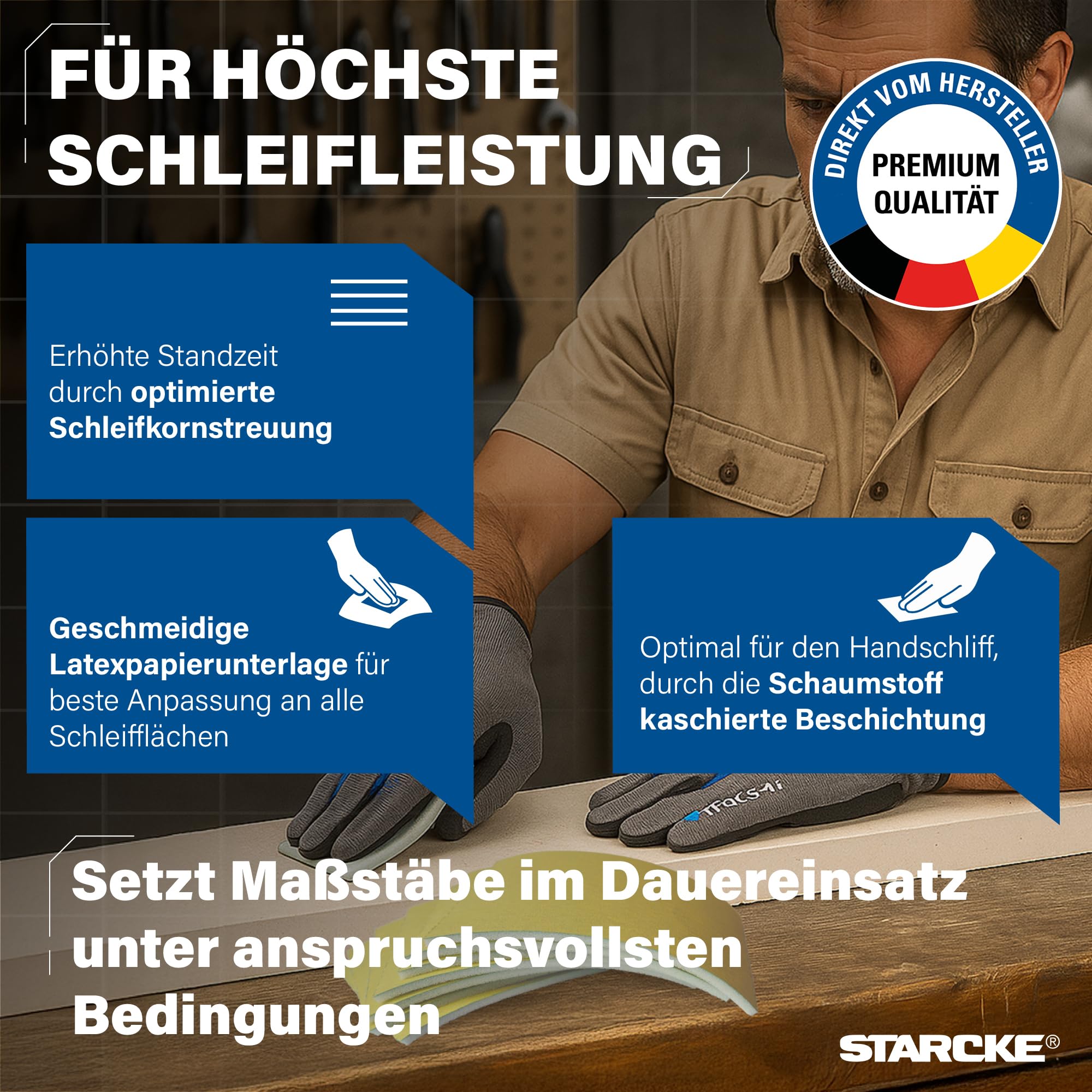 STARCKE® Schleifpapier Set 178x [25m Rolle] Abreißbar mit Schaumstoff - MADE IN GERMANY - Schleifpad Set mit Stearatbeschichtung - für Gips, Lack, Holz, Spachtel, Autolack, Maler (P150)
