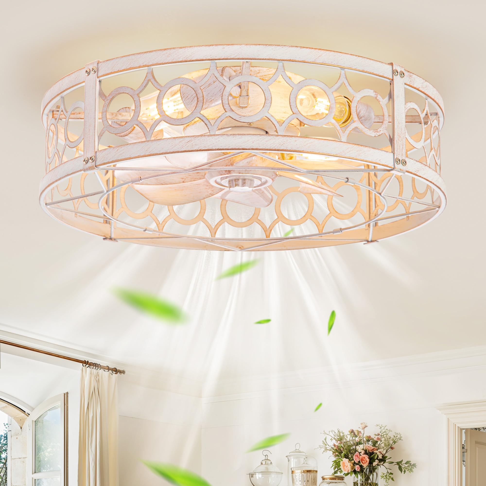 Photo 1 of LEDIARY Caged Ceiling Fan with Light and Remote, 20in Small Low Profile Ceiling Fans with Lights, 6 Speed Farmhouse Flush Mount Ceiling Fan for Bedroom, Kitchen, Living Room-White and Gold