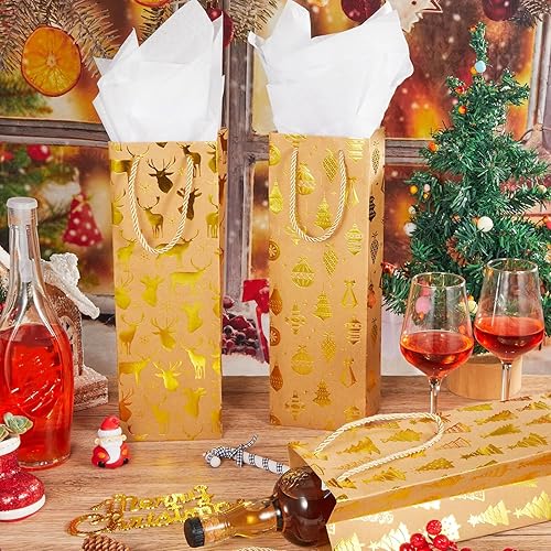 Miniatura 10 de Paquete de 32 bolsas de regalo de vino de búfalo de Navidad con asa de papel de seda, bolsas de regalo de champán con 4 diseños para bolsas de