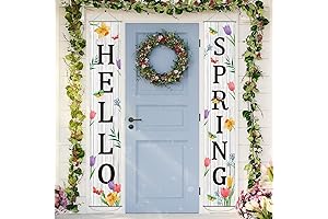 Hello Spring - Porch Banner for Front Door, Spring Door Banner Green Leaves