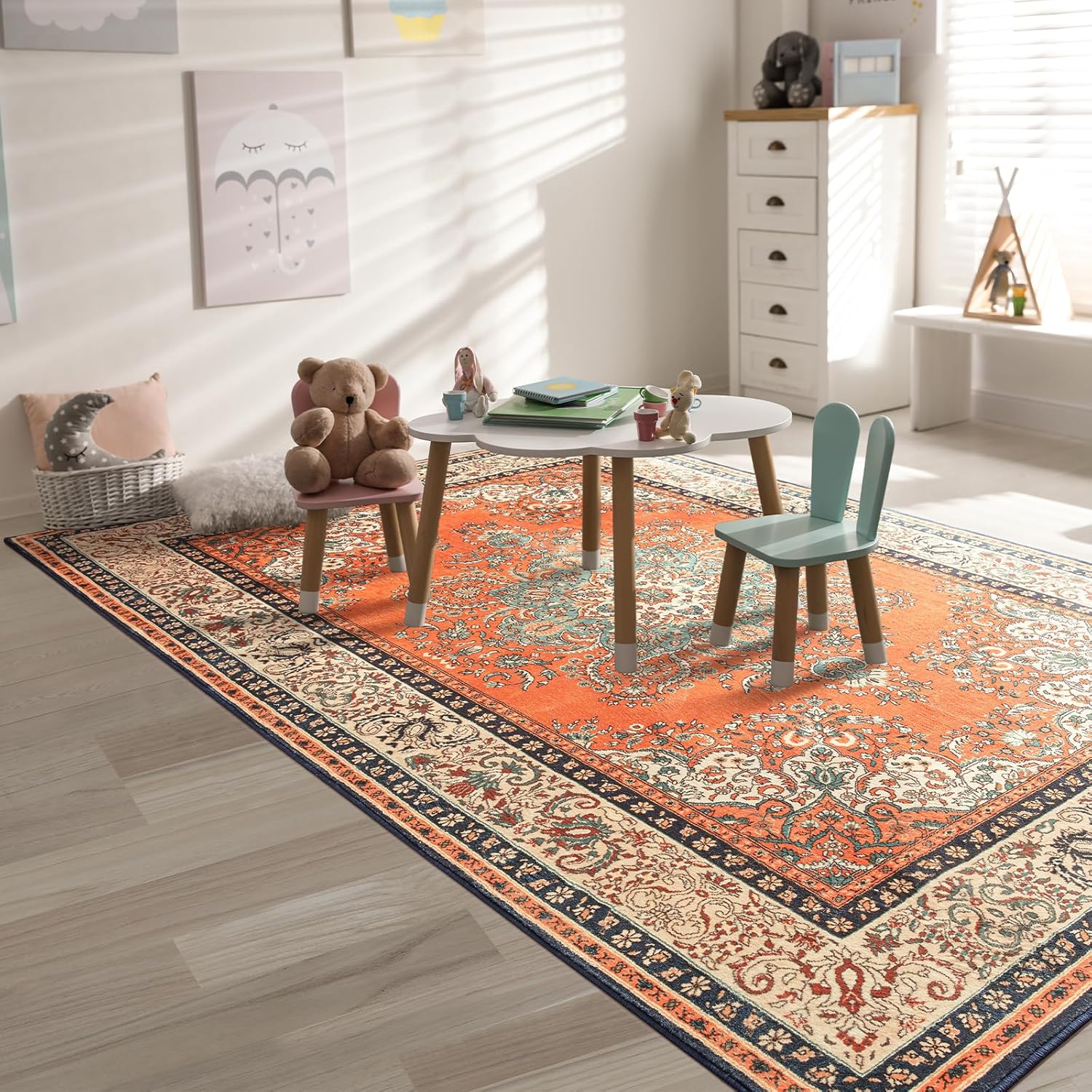 Area Rug for Bedroom, Non-Slip Vintage Area Rug, Machine Washable 4x6Ft Boho Rugs for Entryway Hallway Office Dining Living Room, Orange