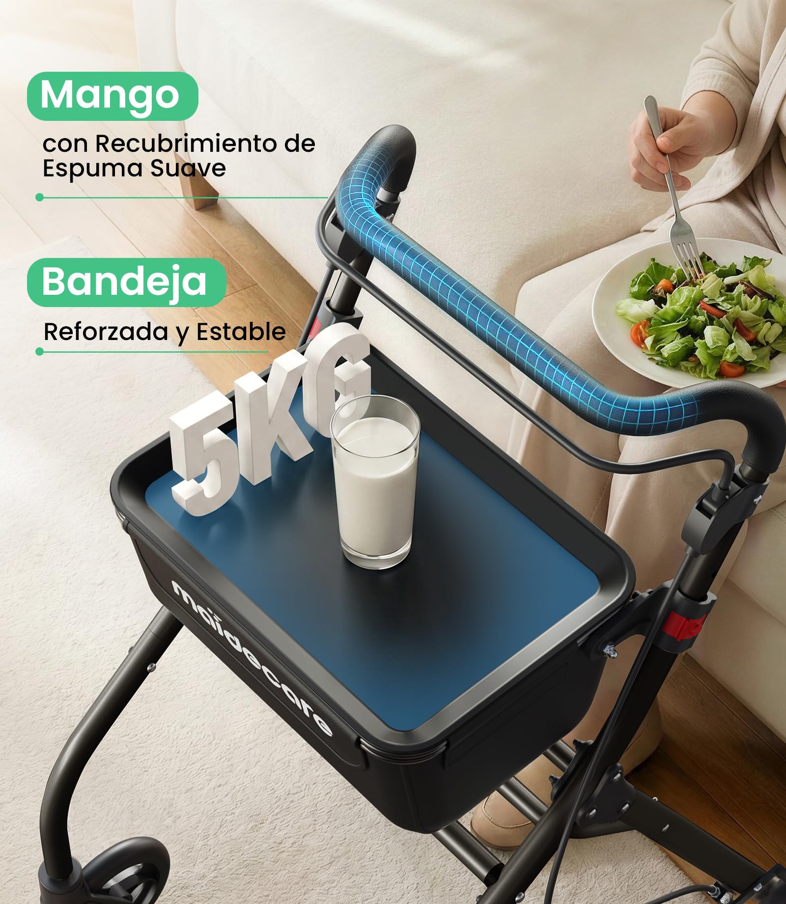 Andador para Ancianos, Andador Plegable con Asiento para Personas Mayores, Estrecho para Apartamento, Modelo de Interior Plegable y Ligero con Bandeja y Bolsa de Tela, 4 ruedas, Aluminio, Negro