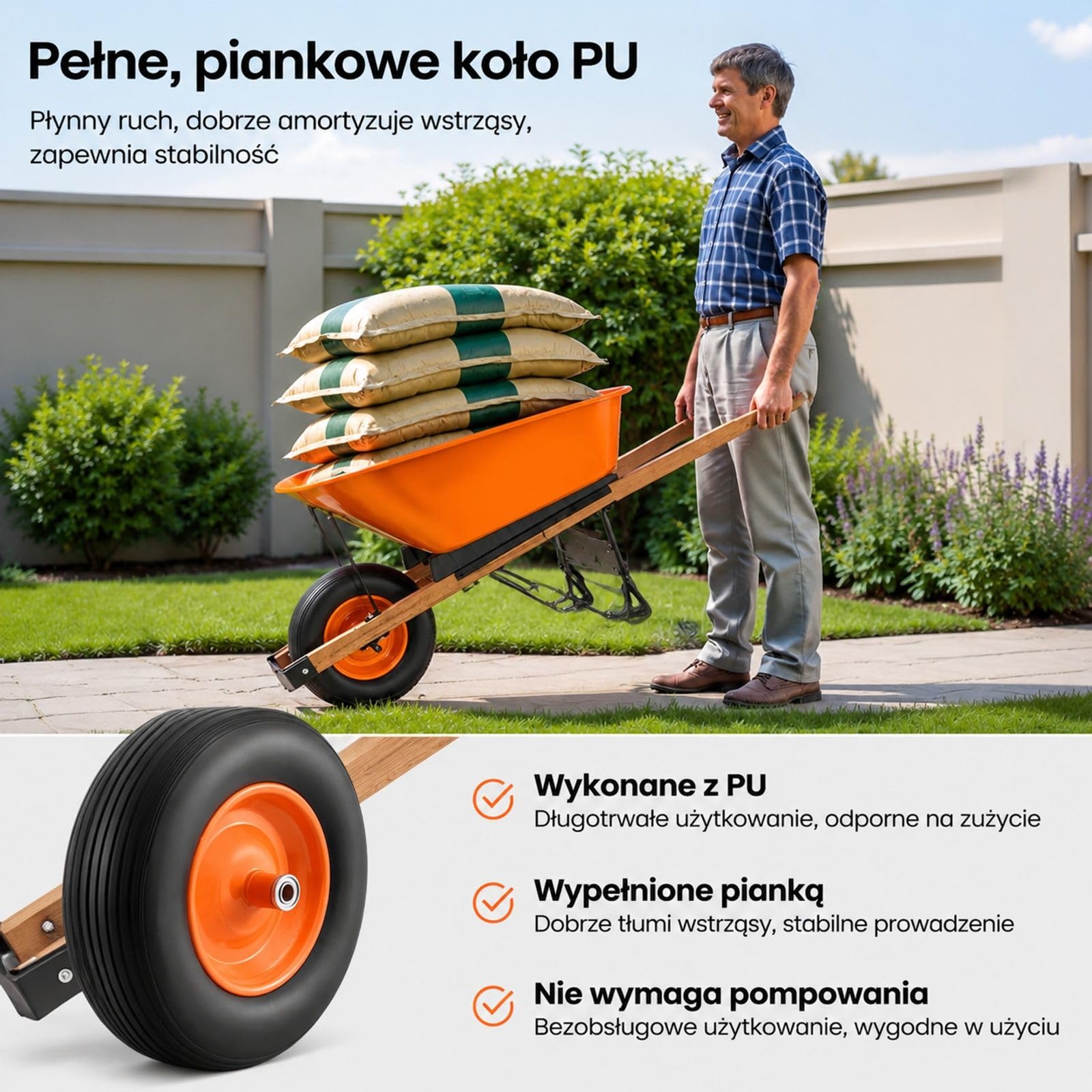 Jednokołowa taczka ogrodowa z metalowym uchwytem, żelazną konstrukcją i kołem PU, kolor pomarańczowo-czarny, do ogrodu, trawnika i gospodarstwa, udźwig 150 kg