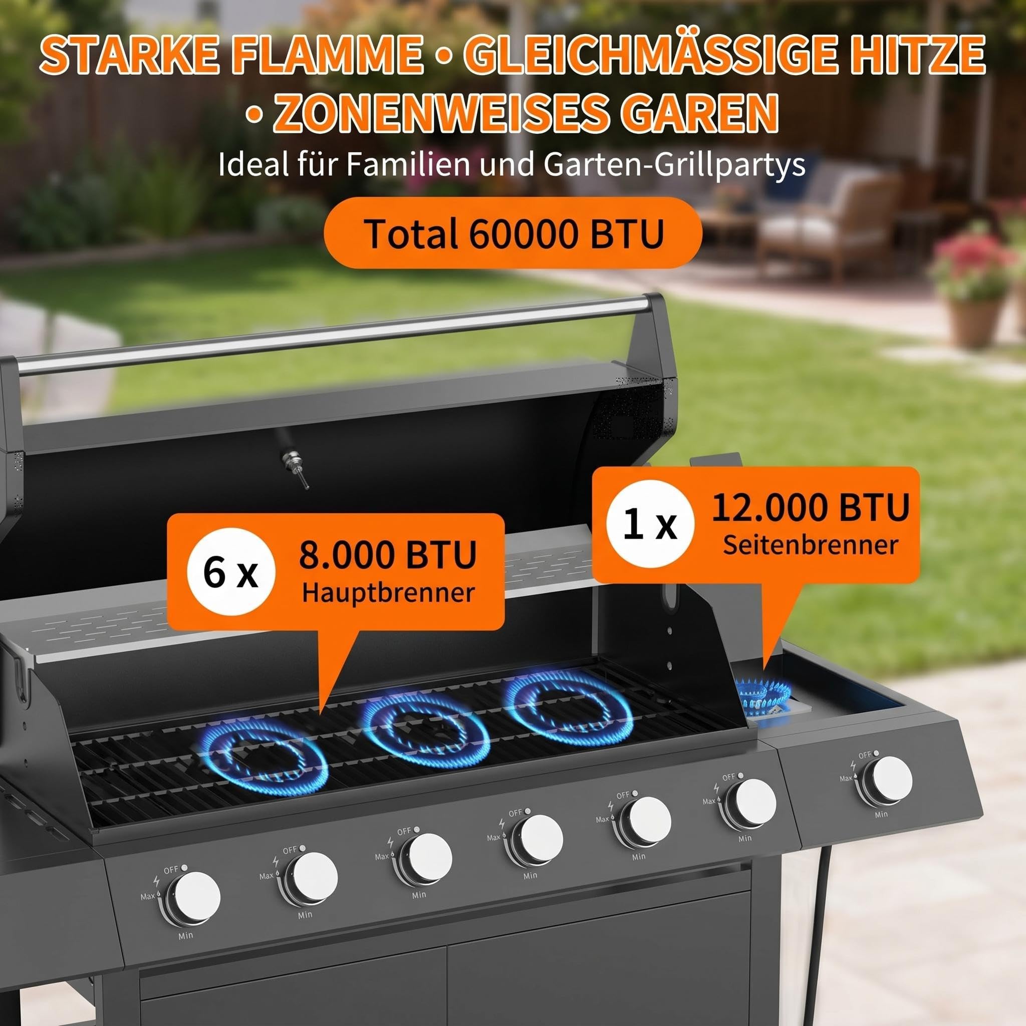 Garvee Gasgrill Mit 6+1 Brennern, 60.000 BTU, Seitenbrenner & Unterschrank | Edelstahl Gusseisenroste Warmhalterost Thermometer Rollen – Wetterfest für Garten & Terrasse
