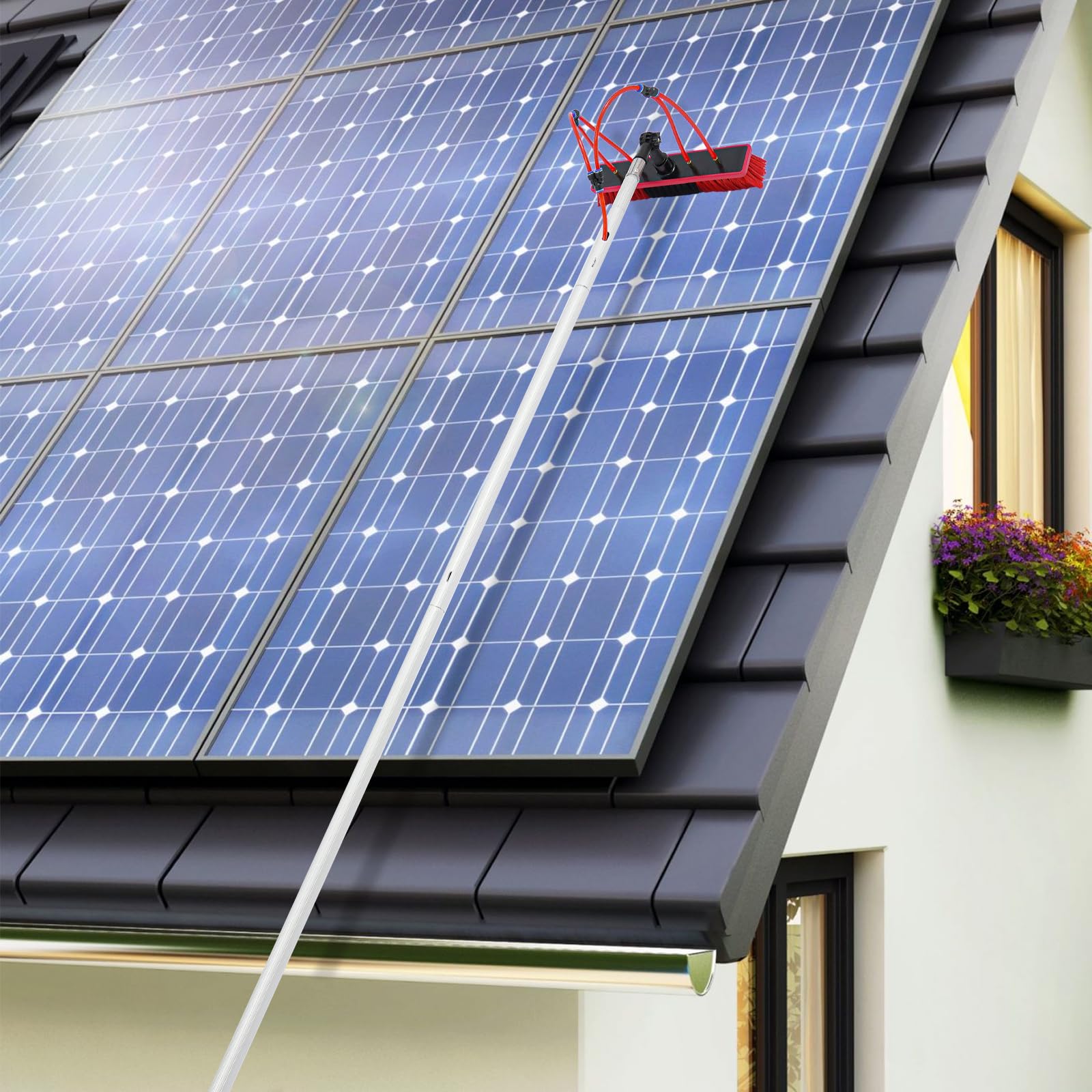 Cepillo de limpieza para paneles solares, cepillo de limpieza ajustable con barra telescópica de 5 m, cabezal de cepillo de 35 cm para limpieza fotovoltaica, limpieza de ventanas al aire