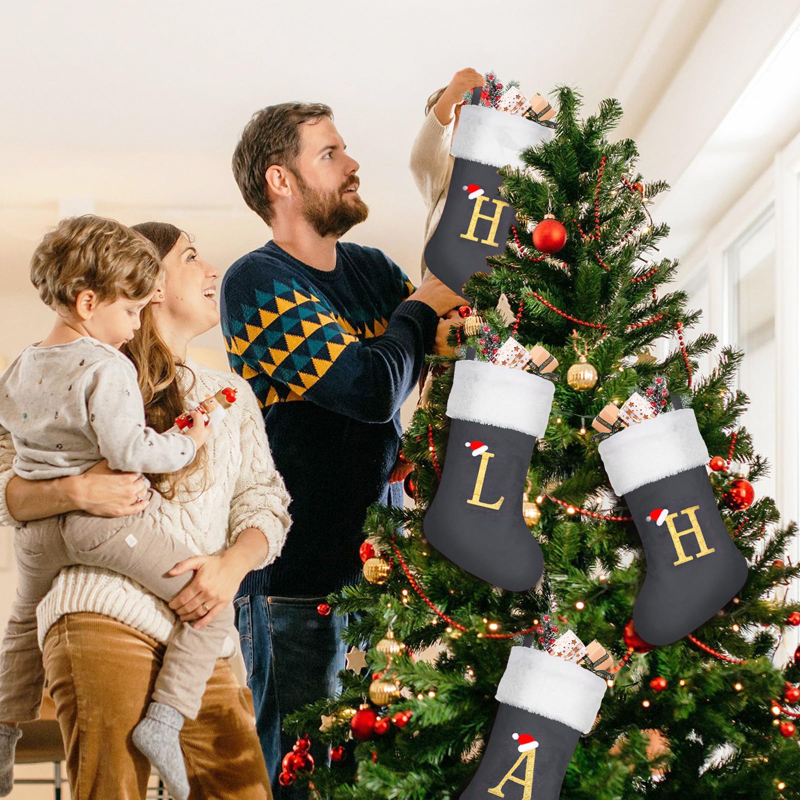 papasgix Personalisierte Weihnachtsstrümpfe mit Buchstaben Bestickter Nikolausstrumpf Christmas Stockings Plüschbündchen Kamin Deko Weihnachten Ornamente Geschenkhalter(Grau,5pcs)
