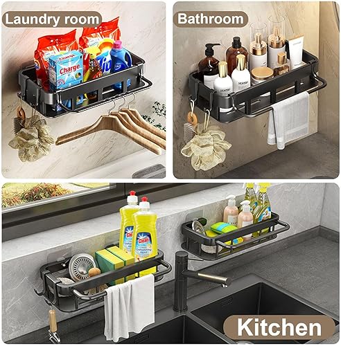 Miniatura 4 de TocTen Soporte de esponja 4 en 1 para fregadero de cocina, dispensador de jabonera a prueba de óxido, adhesivo o encimera, incluido organizador de