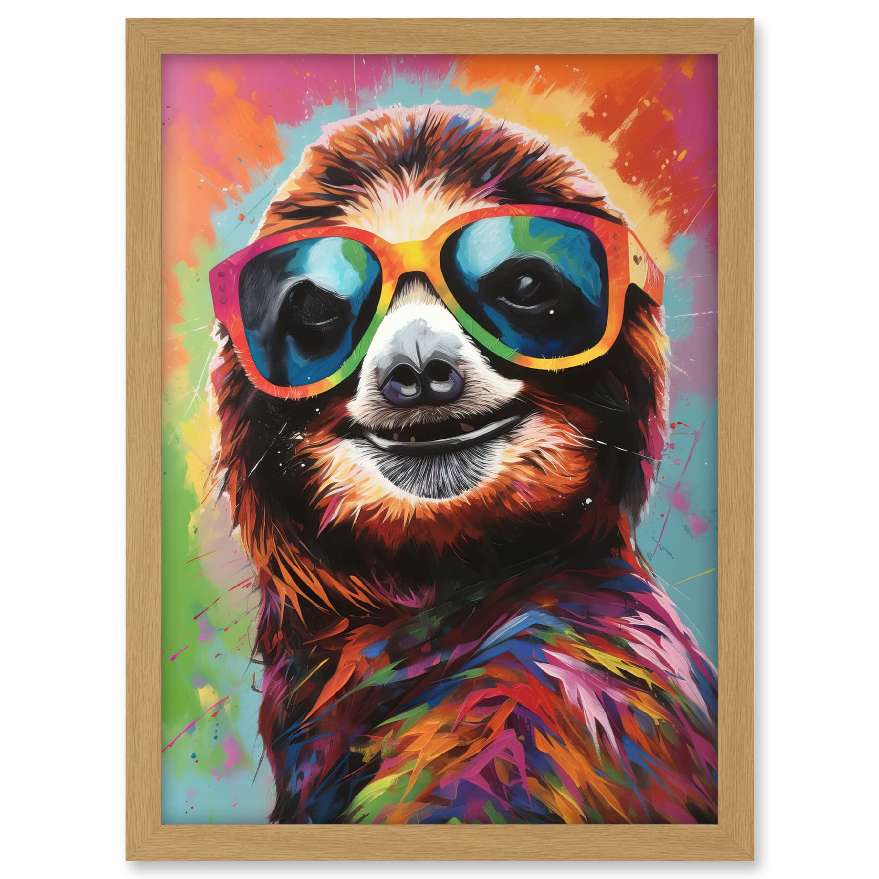 Artery8 Multicoloured Smiling Sloth Wearing Sunglasses Artwork Framed A3 Wall Art Print