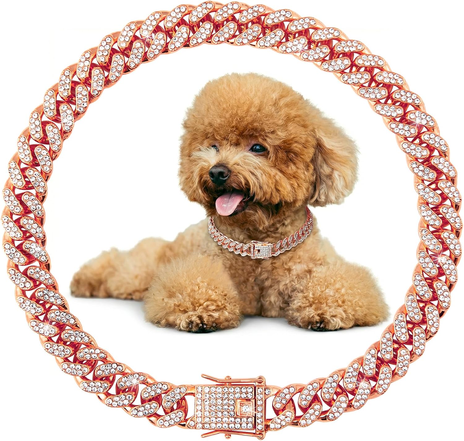 Rose Gold Plated Dog Collar for Medium Large Dogs - Cuban Link Chain with Crystals, Durable Luxury Fashion Necklace, Secure Lock - 16 Inch