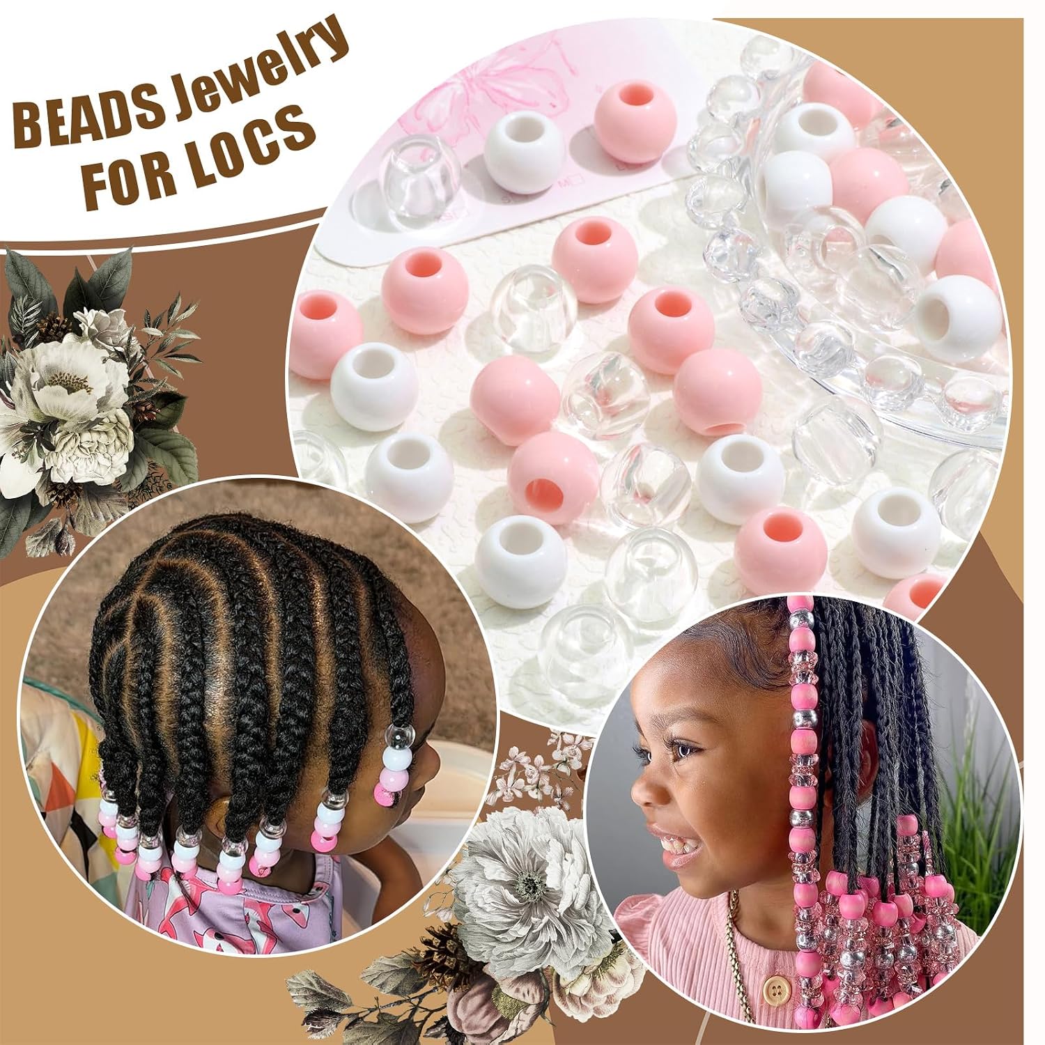 NAISKA 60Pcs Hair Beads for Kid Circle Pony Beads Jewelry for Braids Loc Dreadlock Accessories Hair Decoration Cute Braids Jewelry Making Kit Braid Clips for Women and Girls (Light Pink) image 2