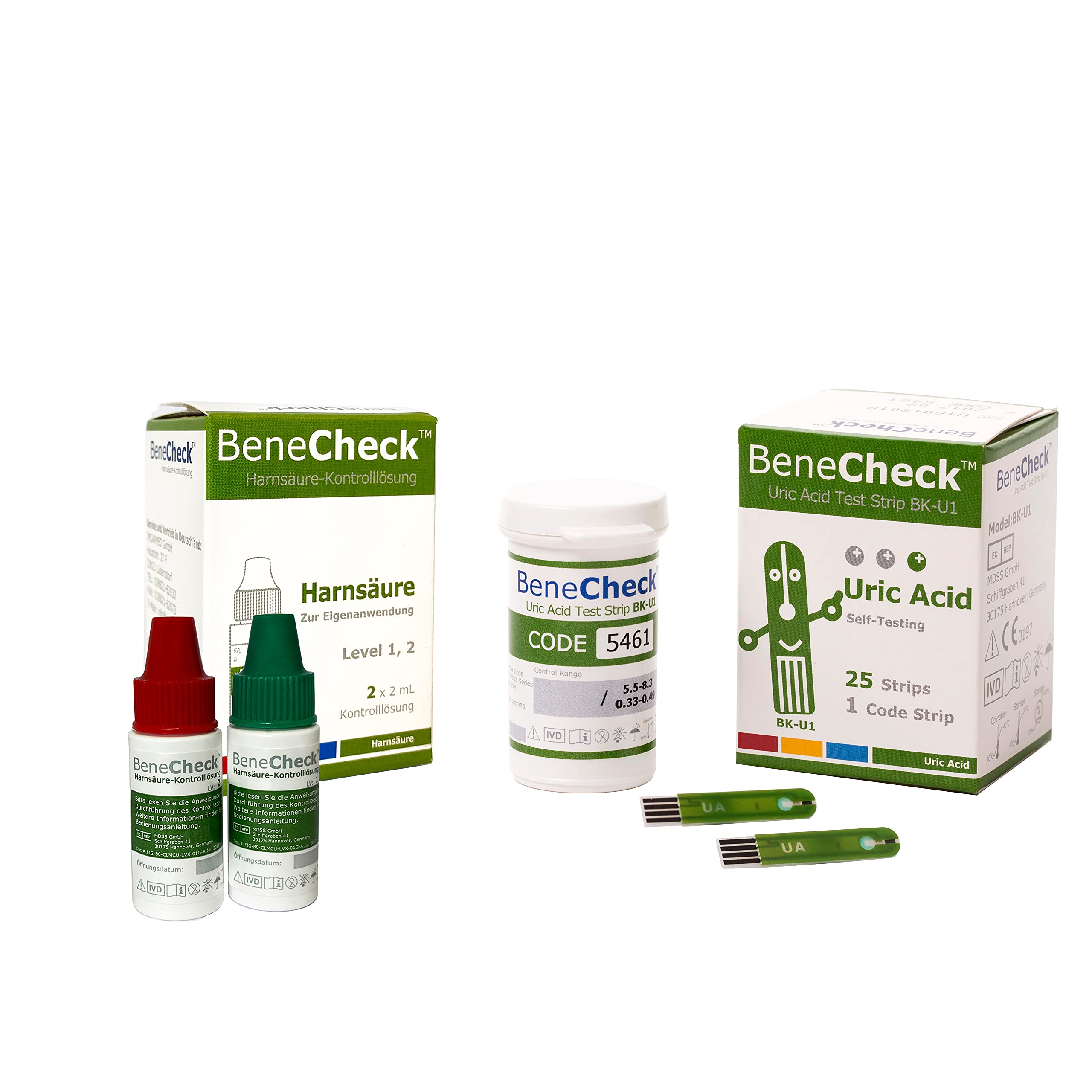 BeneCheck Harnsäure Teststreifen 25 Stück und Kontrolllösung im Bundle