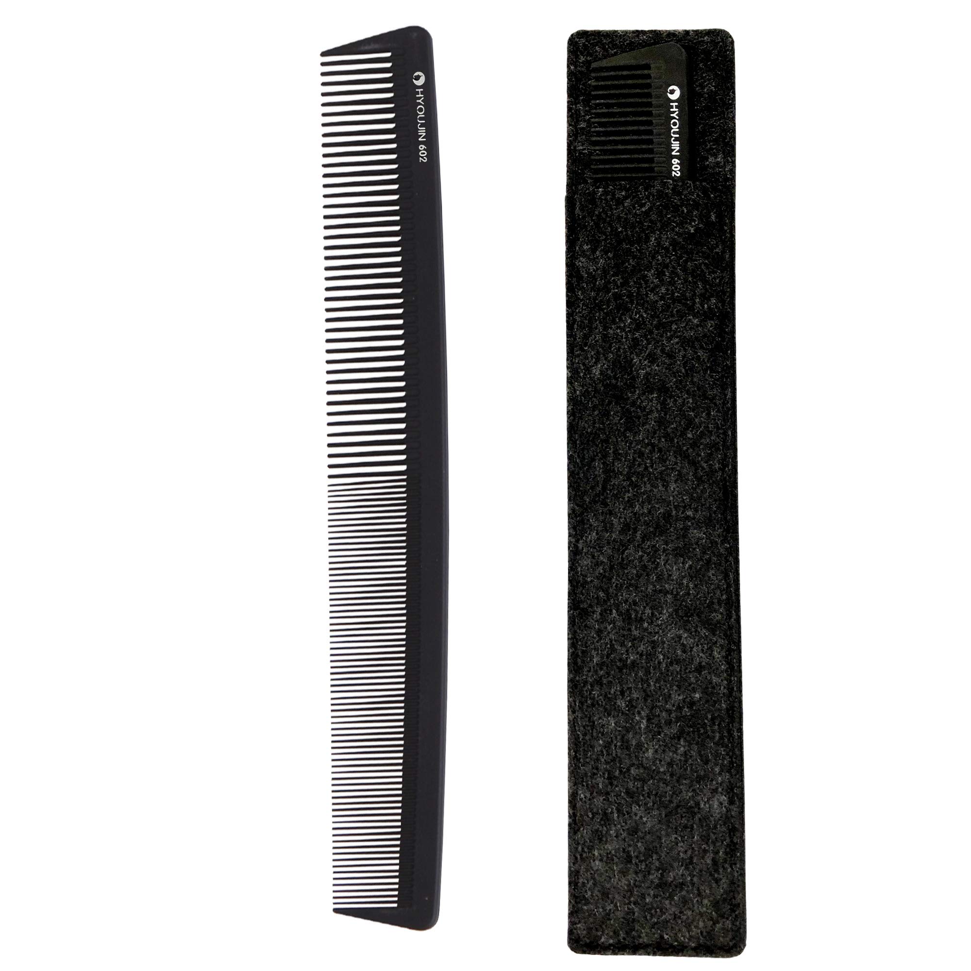 HYOUJIN 602 Black Carbon Long Cutting Comb General Grooming Comb Master Barber Comb with shallow coarse and fine tooth-Perfect for detangling Hair Salon Heat Resistant (Long Comb)