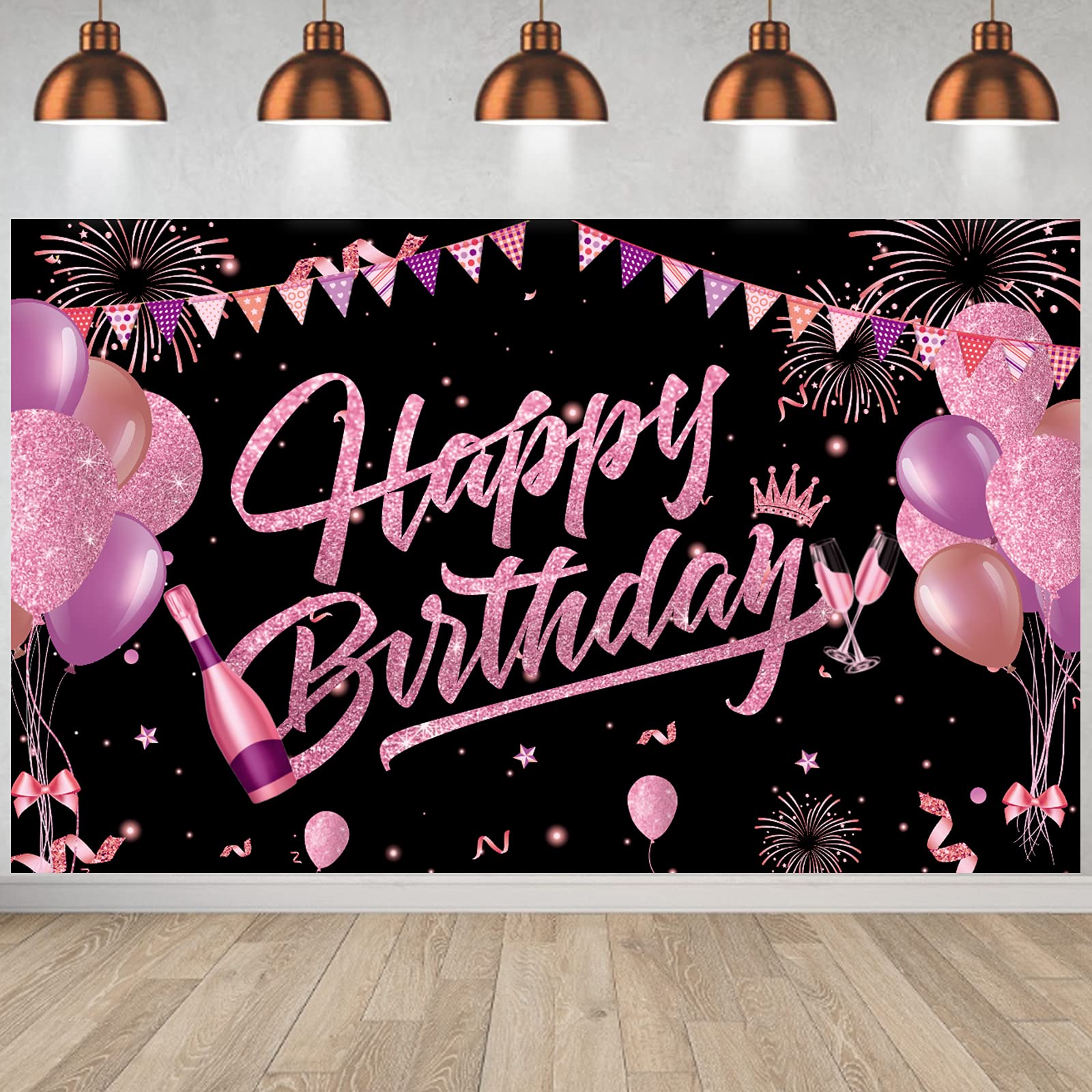 GRESATEKBirthday Backdrop Banner, Black Gold Backdrop Background Sign Photo Happy Birthday Party Decoration Set for Girls Men Women Celebration,185x110CM