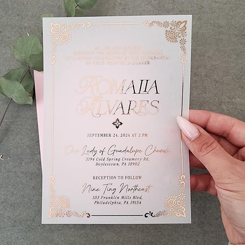 Miniatura 2 de Juego de 10 invitaciones de quinceañera, invitaciones de membrillo Gold Mis para niña de 15 cumpleaños, tarjetas de quinceañera de vellum,