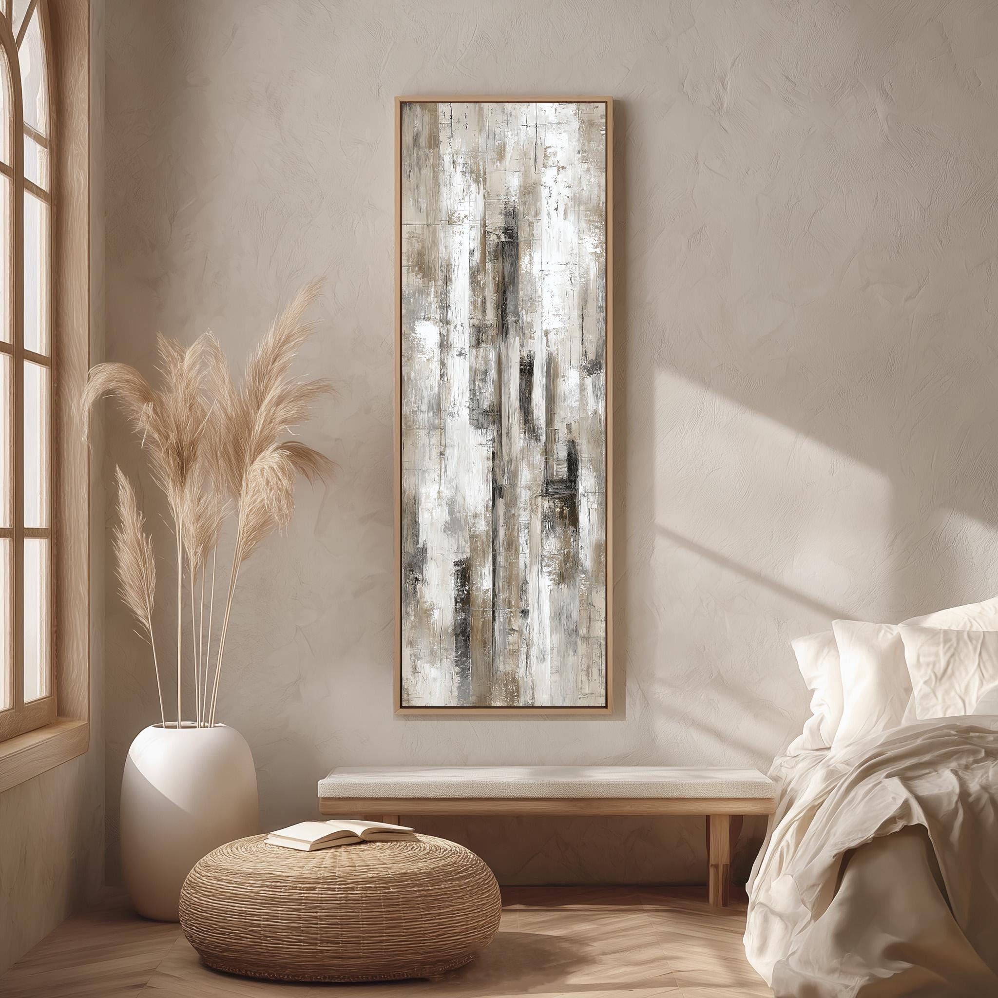Xbtykpb Frameless Framed Tall Narrow Canvas, Long Vertical Linen Texture, Skinny Beige Art, Neutral Distressed Wall Decor, Rustic Prints(30X90cm/Frameless)