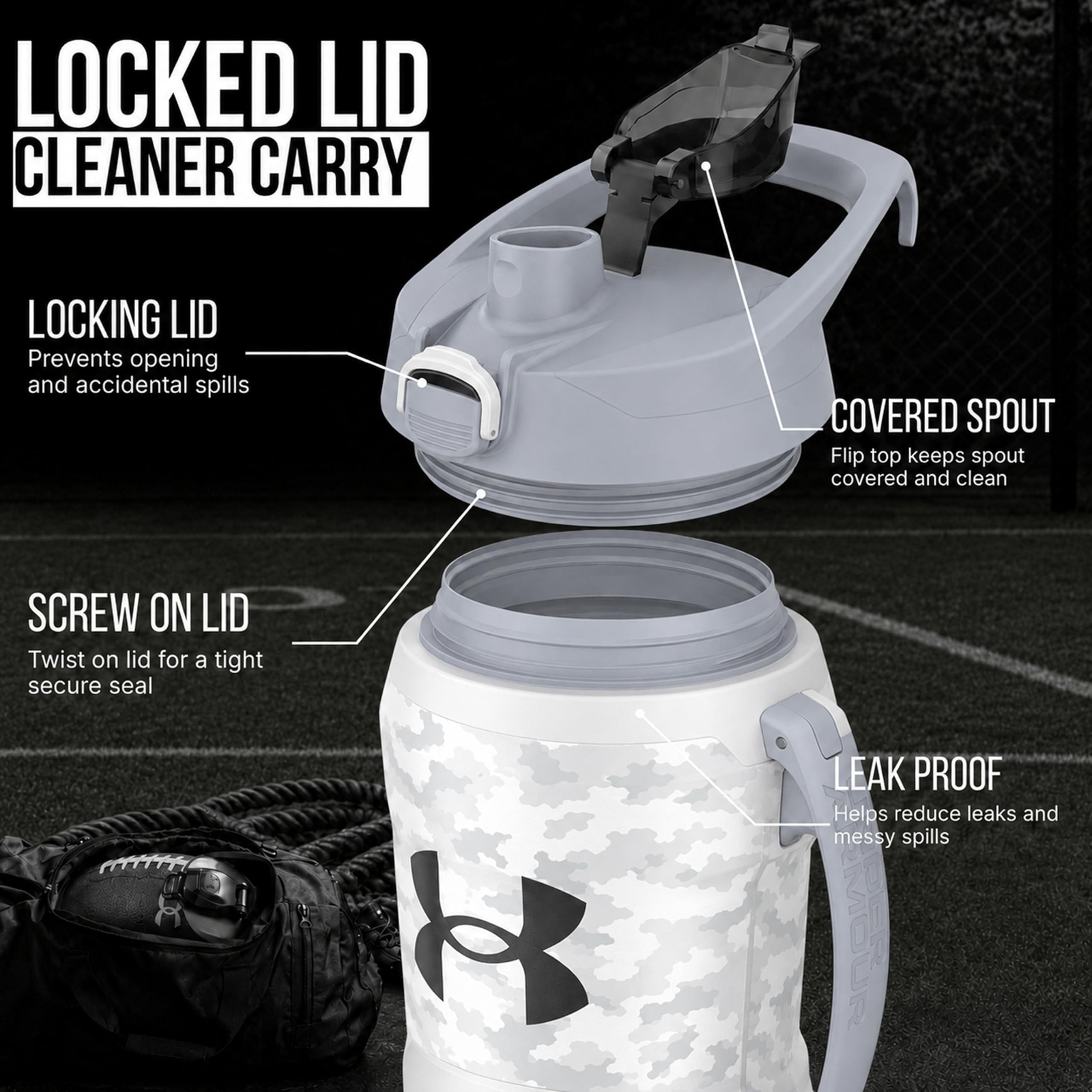 Under Armour Jarra de agua deportiva, botella de agua aislada de 64 onzas con asa, medio galón, gancho de cerca, resistente a fugas, béisbol, fútbol y más | con asa