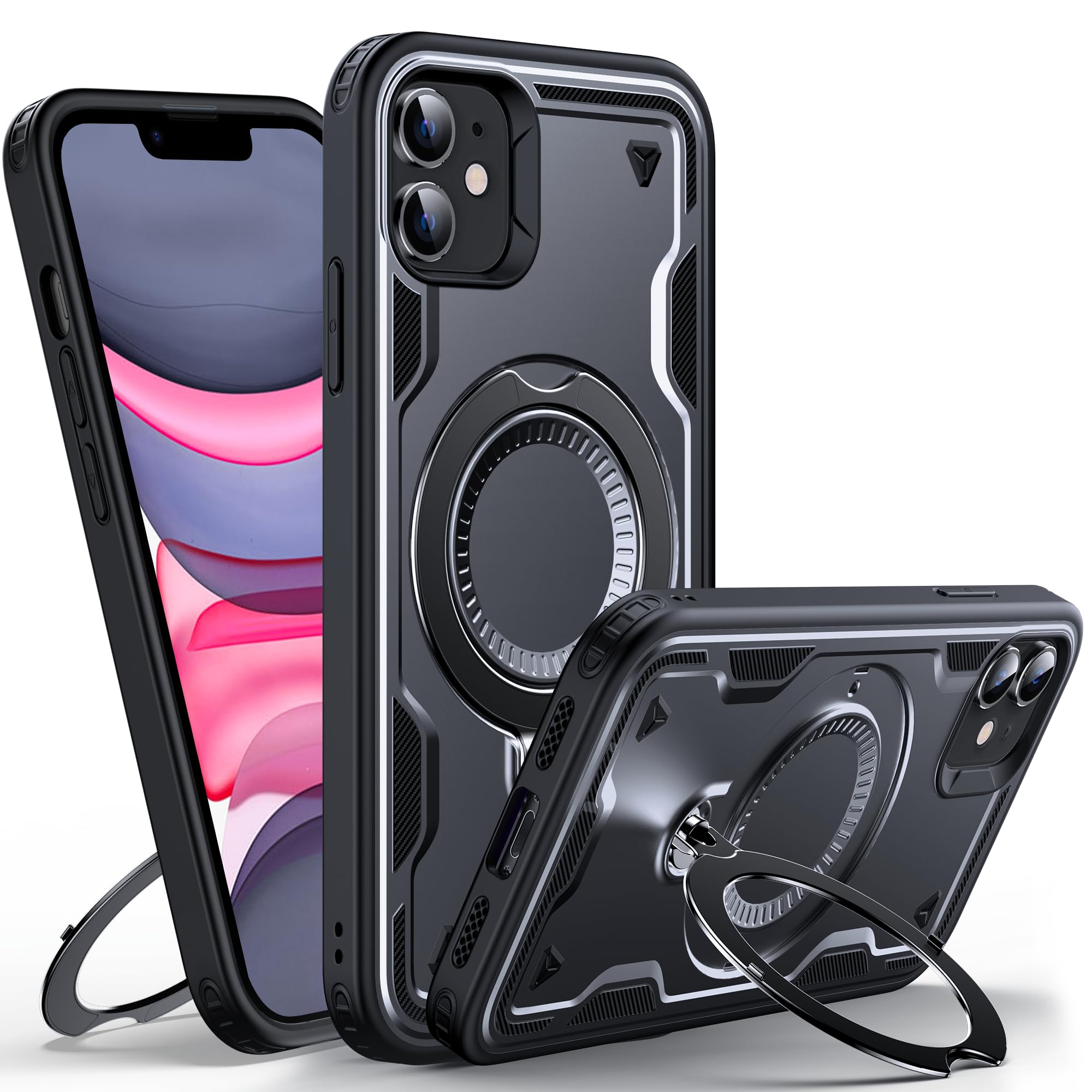 WYUIC für iPhone 11 Hülle mit Rotiertem Ring-Ständer, Militärnorm Schutzhülle Stoßfest Kratzfeste Rückseite Mehrschichtiger Schutz Handyhülle für iPhone 11 6.1