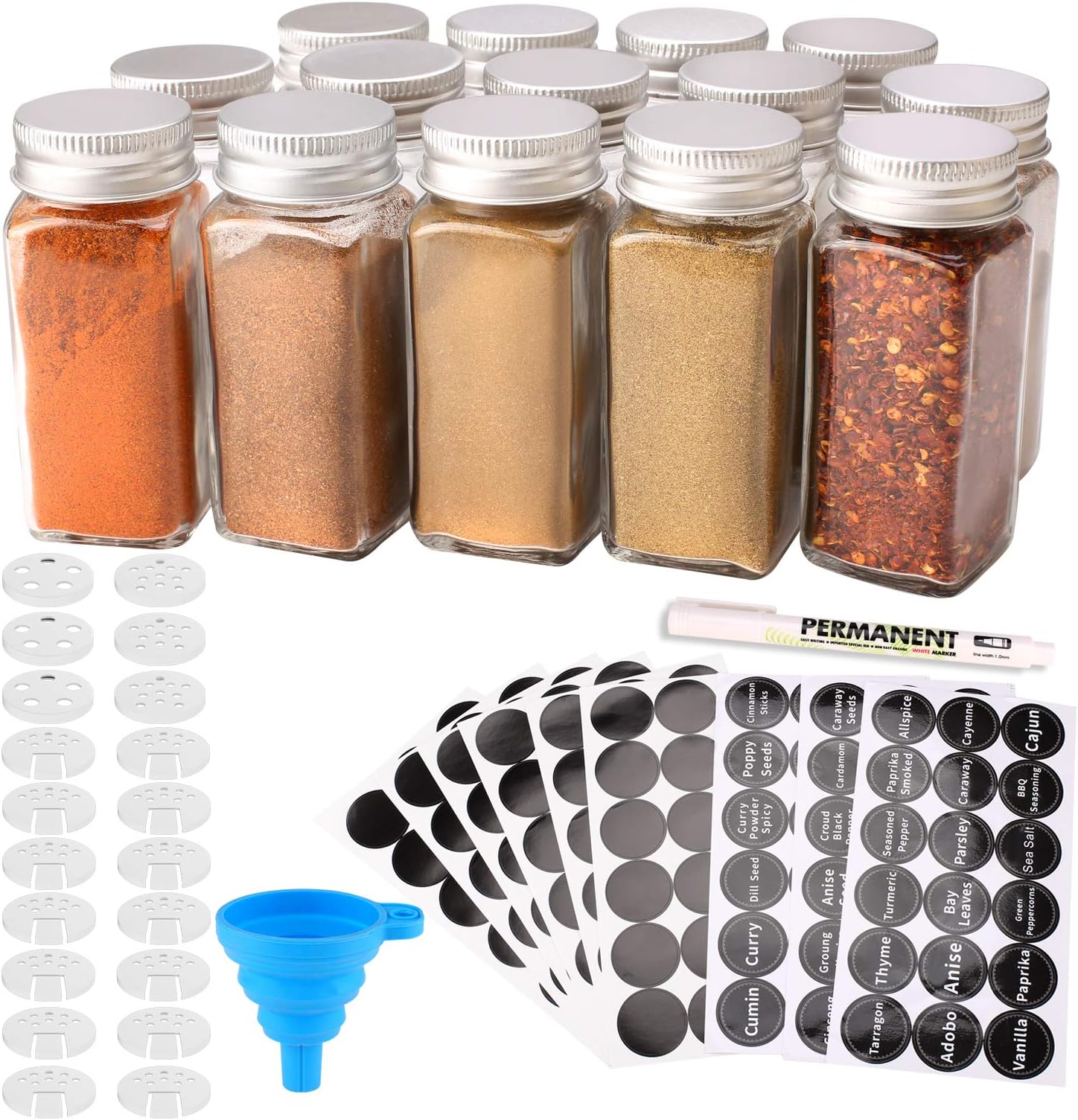 MONICA 14 Glass Spice Jars with w/2 Types of Spice Labels.4oz Empty Square Spice Bottles,Three kinds of Shaker Lids and Airtight Metal Caps-White Paint Pen and Silicone Collapsible Funnel Included