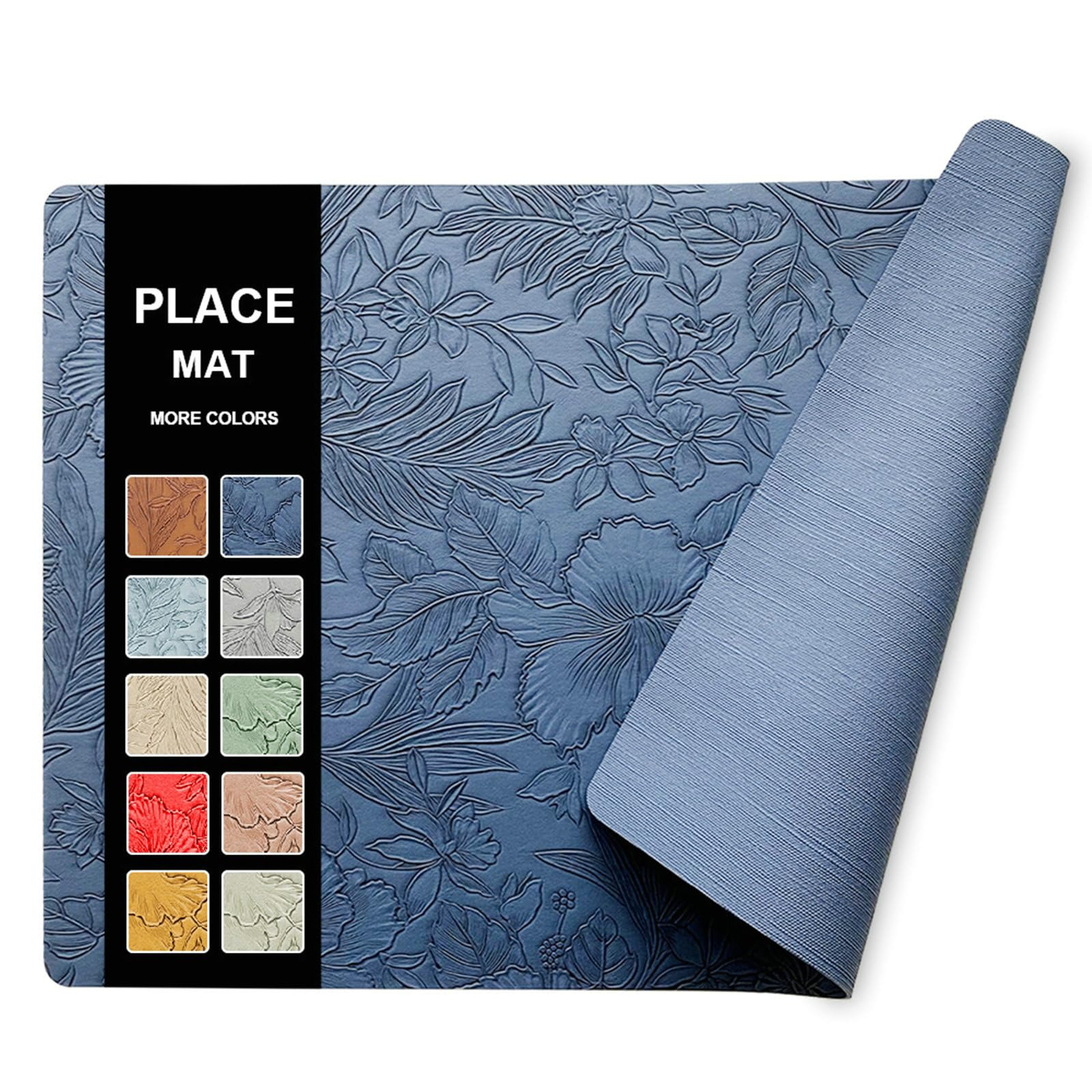 Juego de 6 manteles individuales de mesa, manteles individuales, de piel rectangular, color liso, textura de hojas, antideslizante, calor, resistente, azul oscuro, 43 x 30 cm