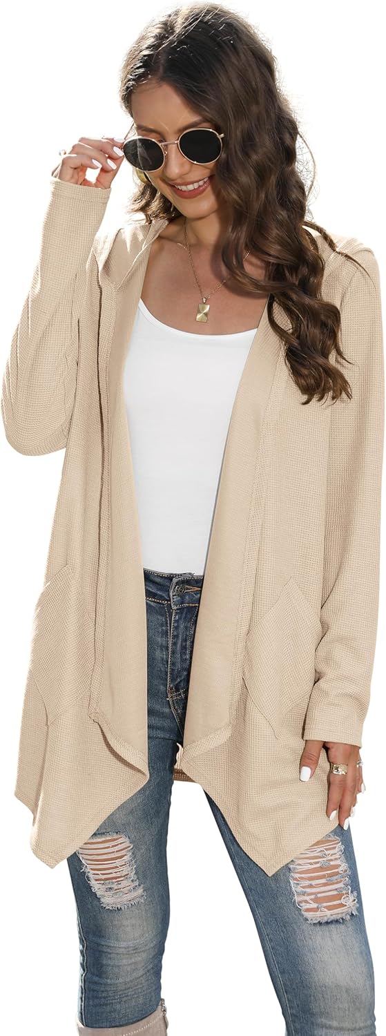 VIISHOW Womens Lightweight Casual Hoodie Cardigans Open Front Waffle Knit Long Sleeve Outwear Coat with Pockets - Image 2