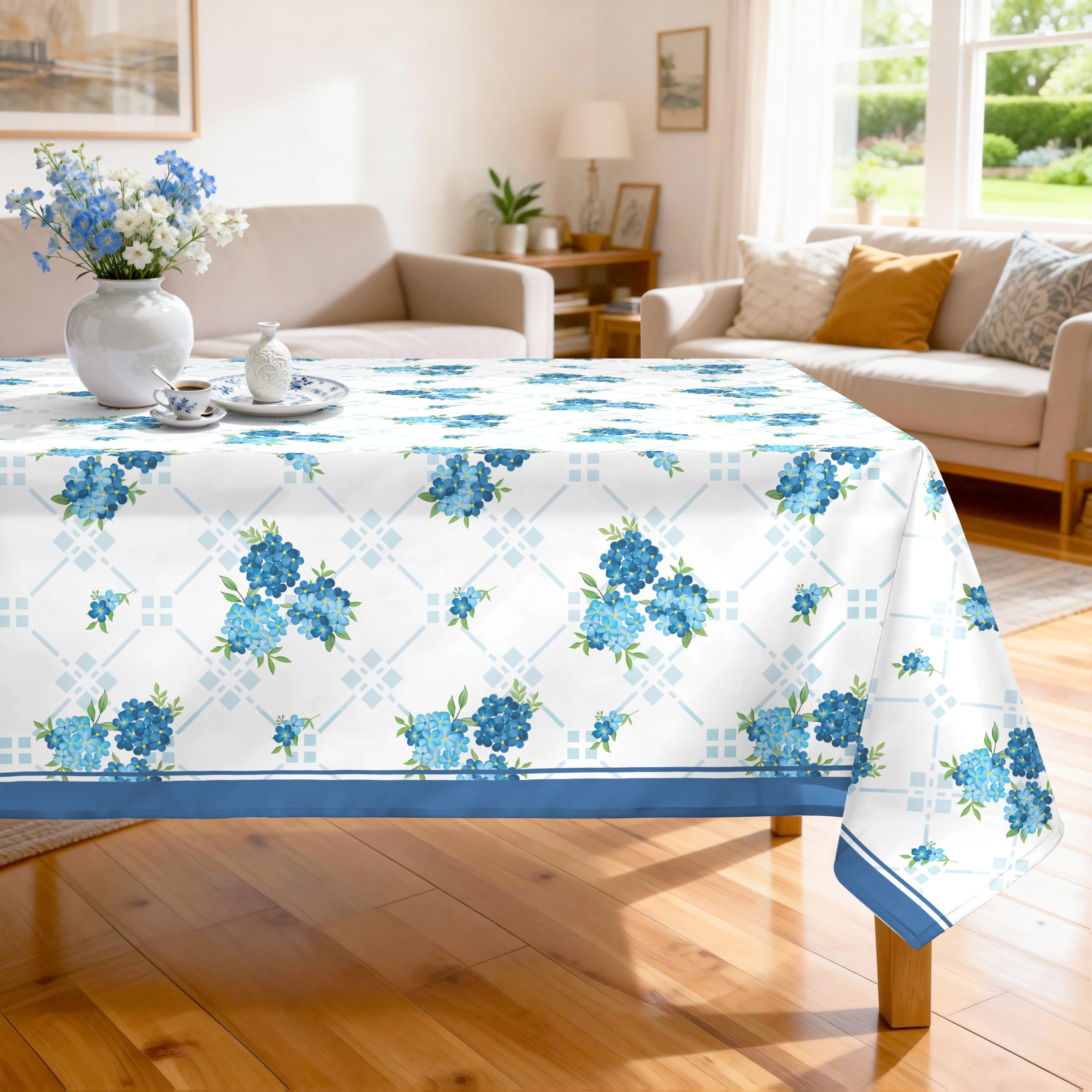 Nappe rectangulaire bleus hortensias pour décoration de fête au jardin
