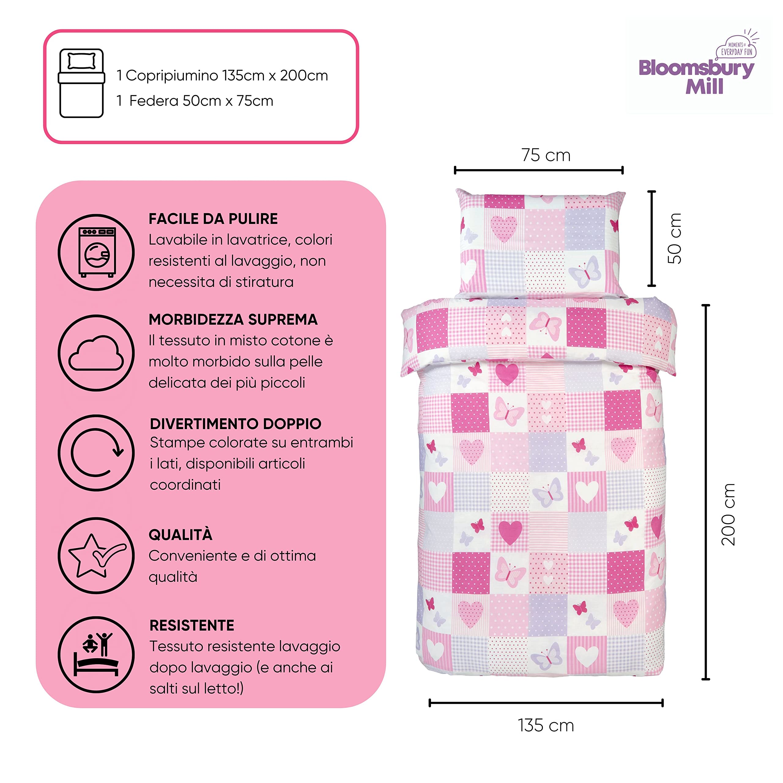 Bloomsbury Mill - Patchwork Con Cuori e Farfalle - Set Di Biancheria Da Letto Per Bambini - Rosa e Lilla - Copripiumino 135 cm x 200 cm e Federa Per Letto Singolo