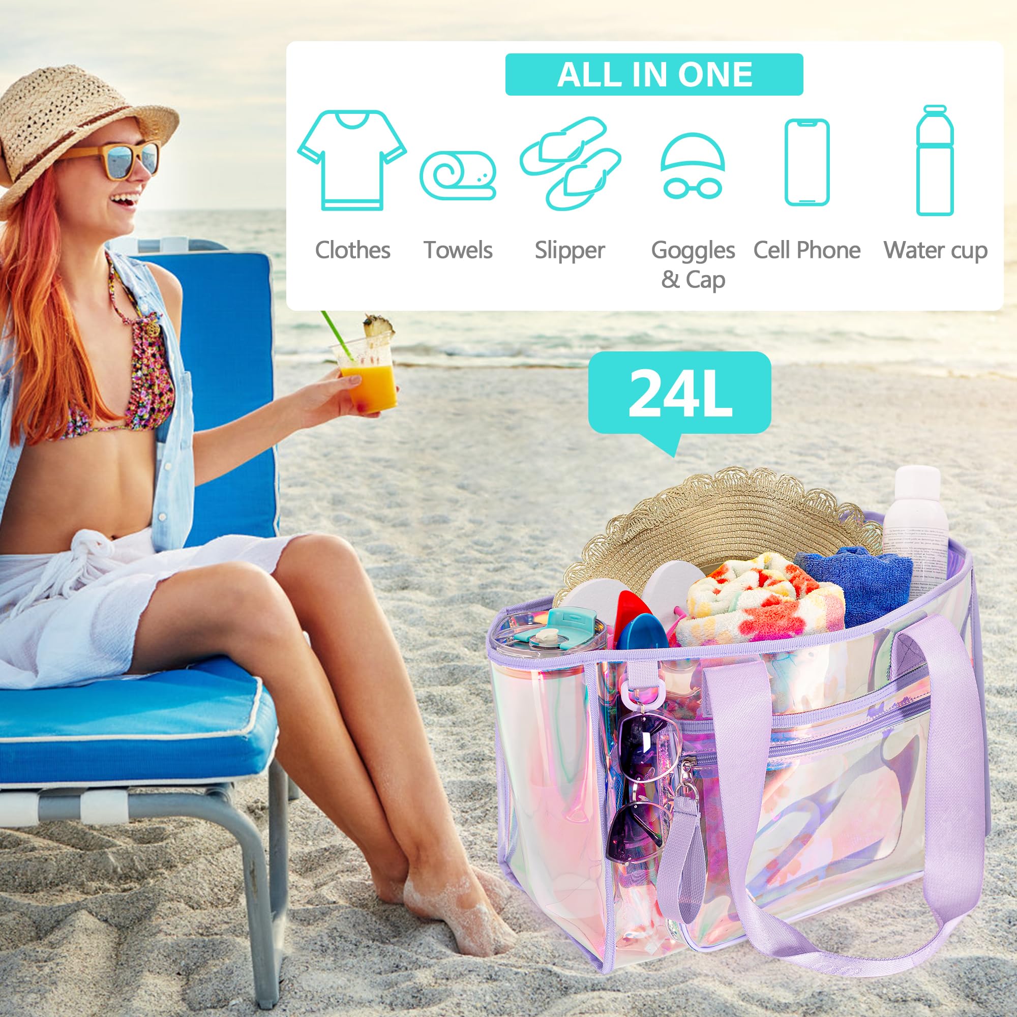 Yarwo Grand Sac de Plage Iridescent avec Poche Téléphone, Transparent | Avec Fini Irisé, Poche Devant pour Téléphone, Poches Intérieures et Grand Format Léger pour Plage, Piscine et Yoga