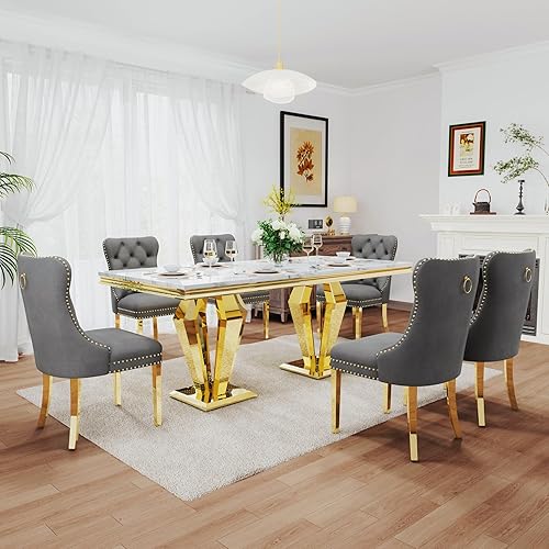 Juego de comedor de lujo de 7 piezas, mesa de comedor moderna y sillas tapizadas, juego de mesa de cocina de mármol para 6, juego de mesas de