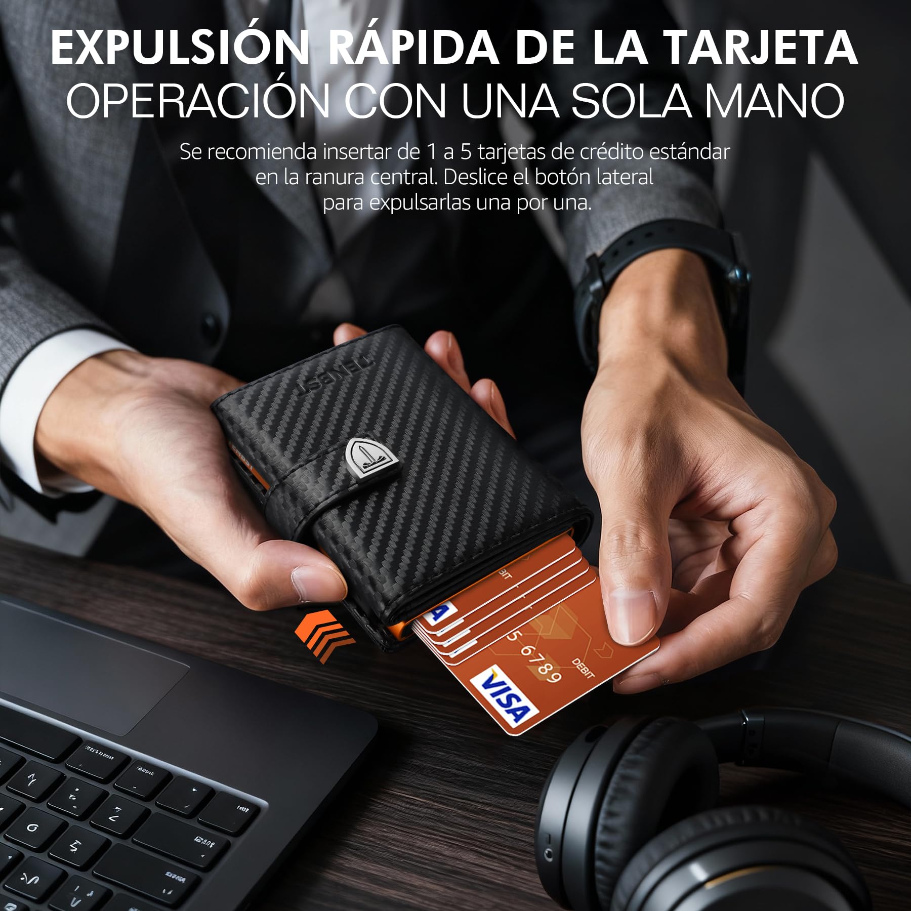 TENBST Cartera para Hombre – Cartera Ultrafina para Hombre con Compartimento para Monedas y protección RFID, Cartera Premium Fina, Cartera de Lujo para 10 Tarjetas de crédito (Negro y Naranja), Negro