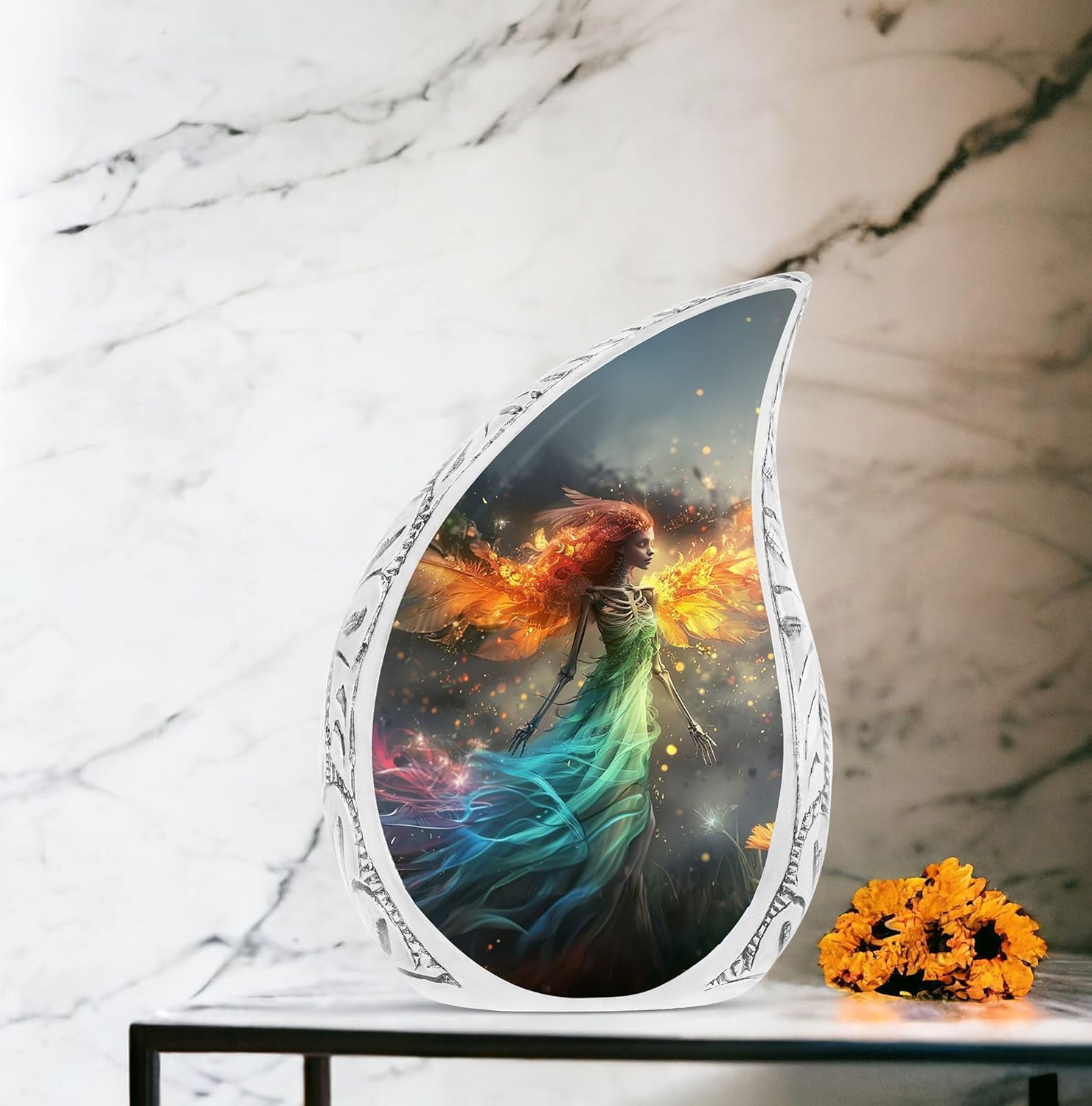 Phoenix Fairy Large Aluminum Multicolor Urn for Adult Ashes, 10 Inches, The Dance of the Phoenix Fairy Pattern, Decorative Urn