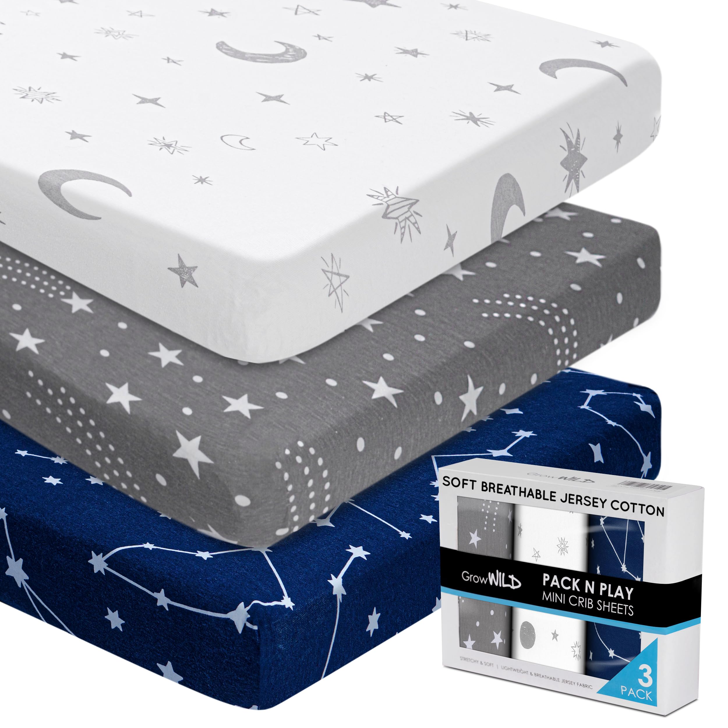 GROW WILD Pack n Play, Mini Crib Sheets 3-Pack | Soft Jersey Sheet Set for Boys or Girls | Playard Mattress, Pack and Play Sheets Fitted | Portable Bassinet Sheet - Stars &amp; Moon Nursery Bedding