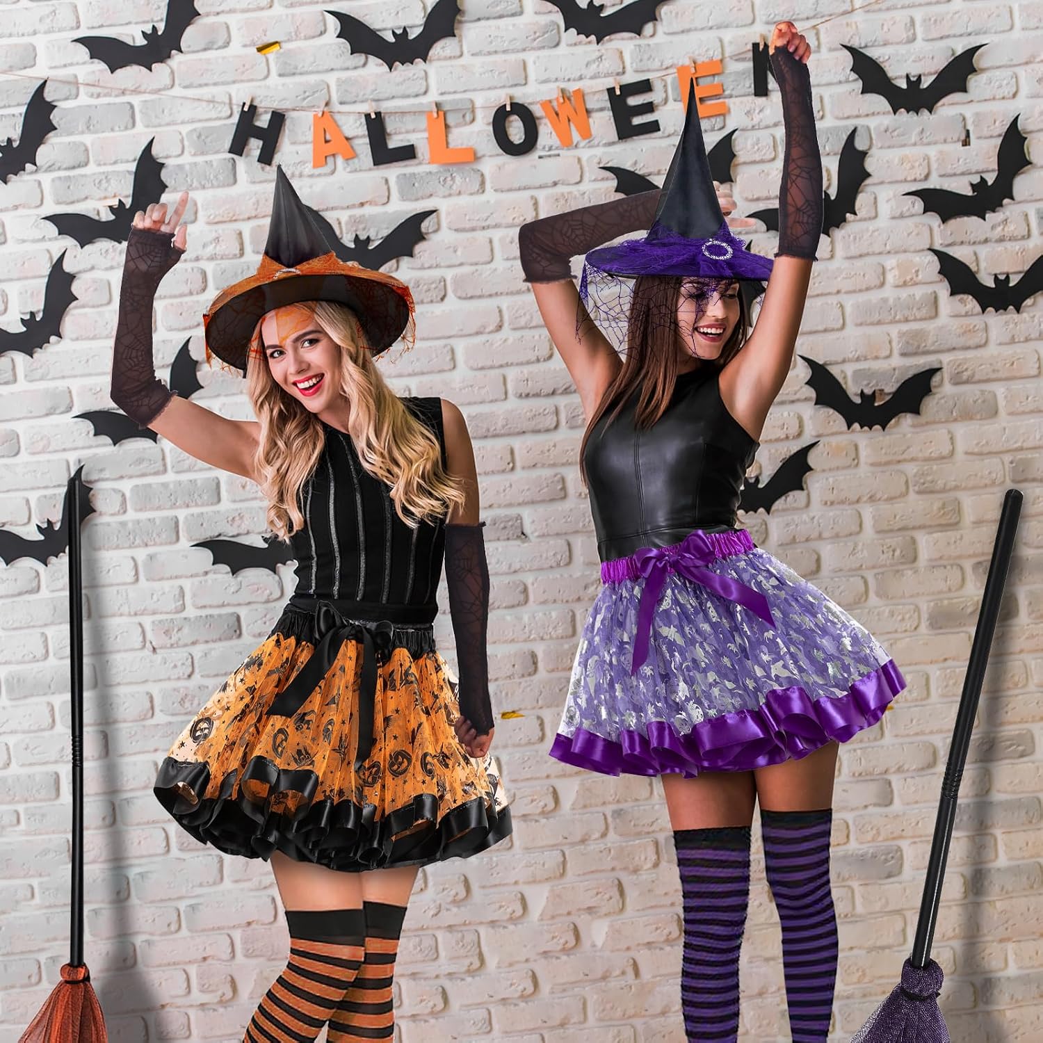 Witch Costume Women, 5PCS Halloween Costume with Hat Tutu Broom Striped Thigh Socks Gloves