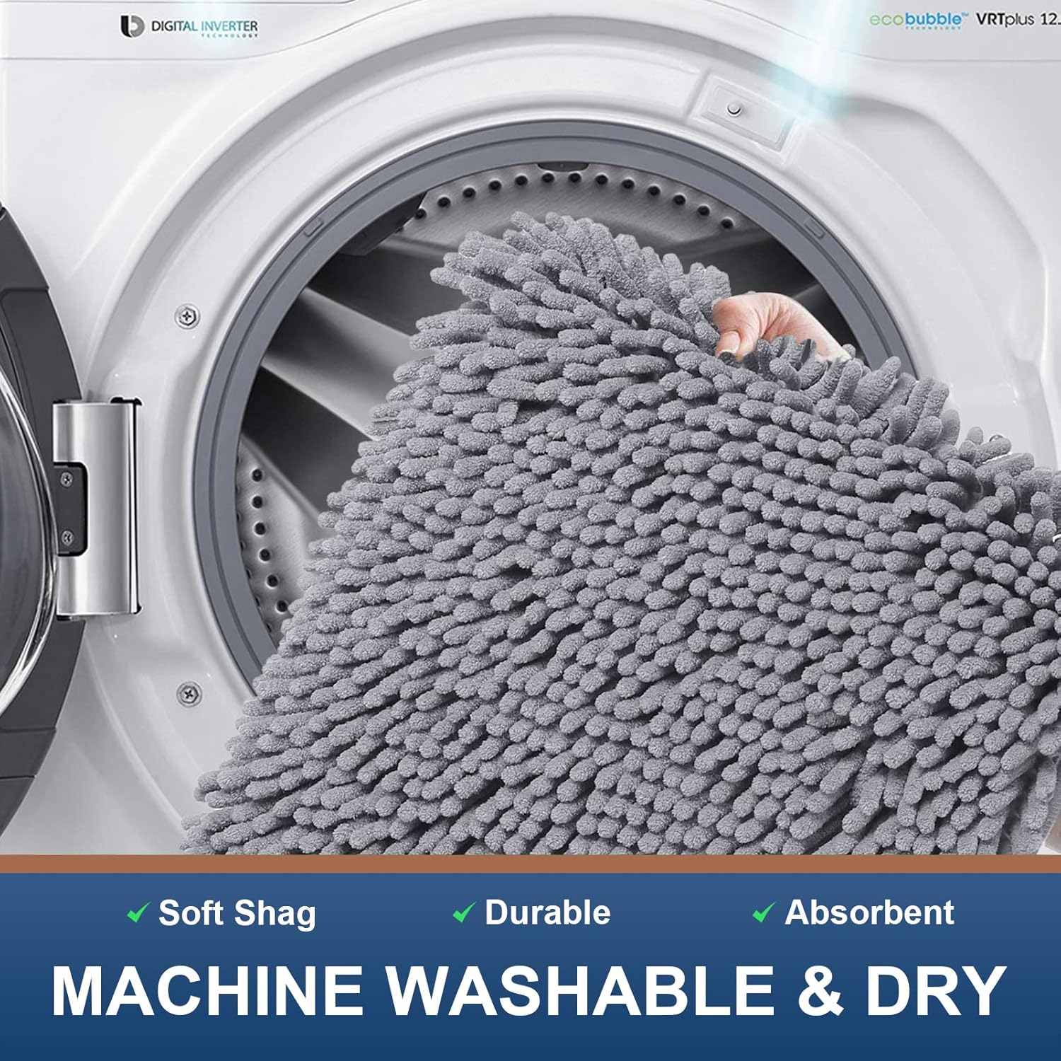 Smiry Chenille Bathroom Rugs 24x16 and U-Shaped Toilet Bath Rugs 20x20, Extra Soft and Absorbent Shaggy Bath Mat, Machine Washable, Non-Slip Plush Carpet, Grey