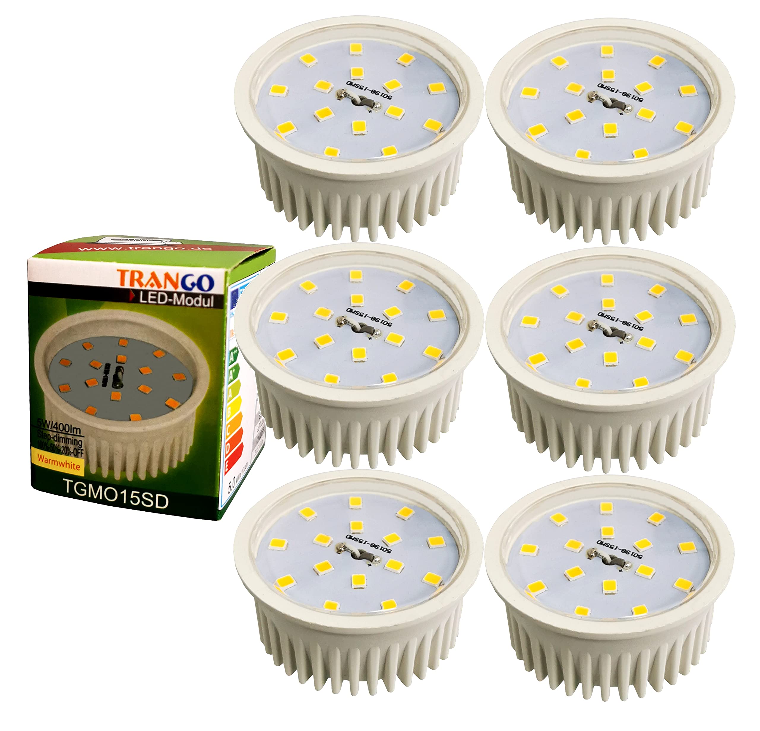 Trango 6er Set 6729IP65-068MOSD IP65 LED Einbaustrahler aus Edelstahl poliert inkl. 6x 5 W 3-Stufen dimmbar 3000K warmweiß Ultra Flach LED Modul, Bad Einbauleuchte, Deckenstrahler, Deckenlampe