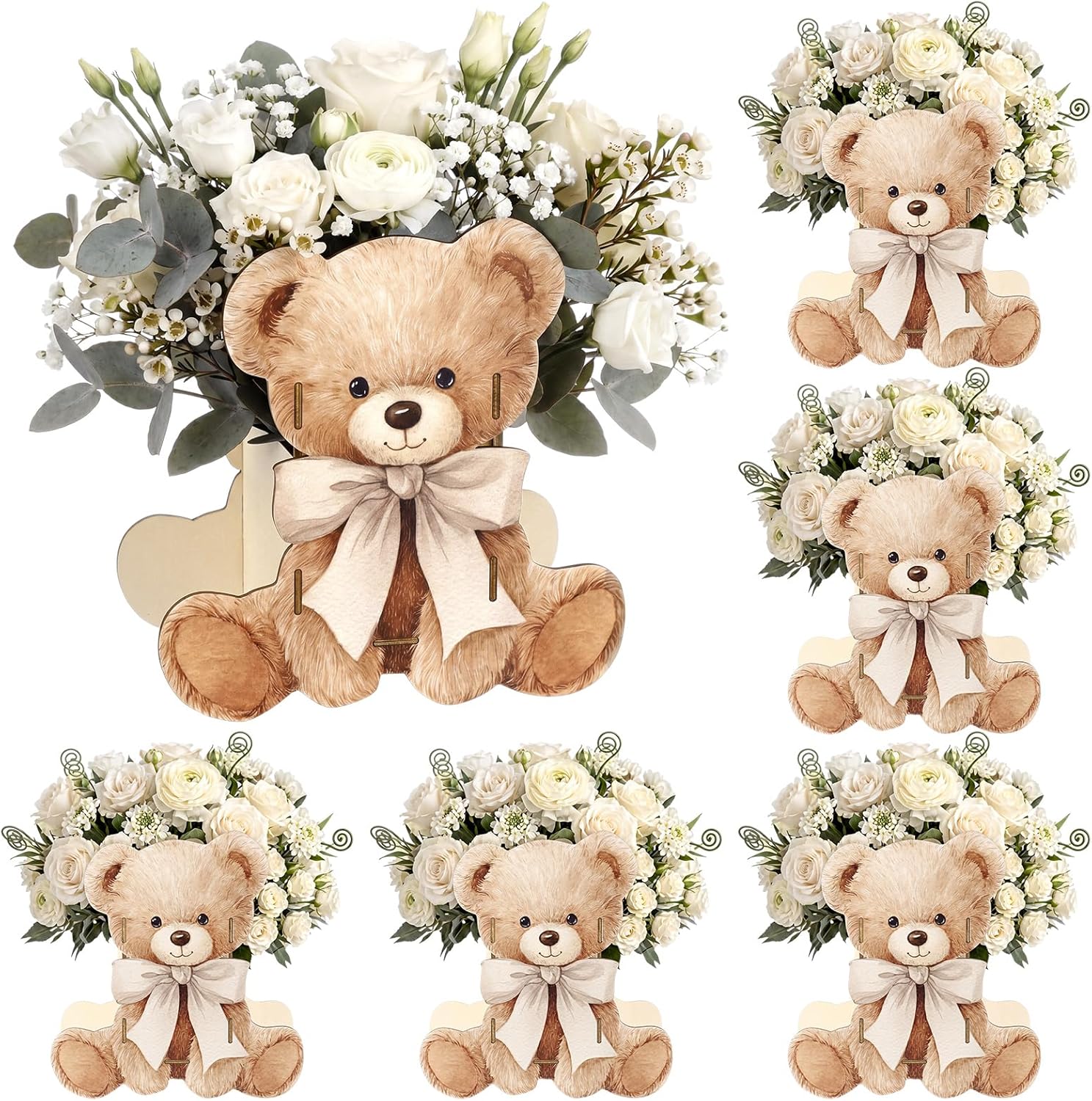 Novabright 6 Pcs Bear Wooden Centerpieces for Tables Cute Bear with Bow We Can Bearly Wait Baby Shower Decorations Tabletop Boxes Party Favor for Birthday Baby Shower Gender Reveal(Beige,Neutral)