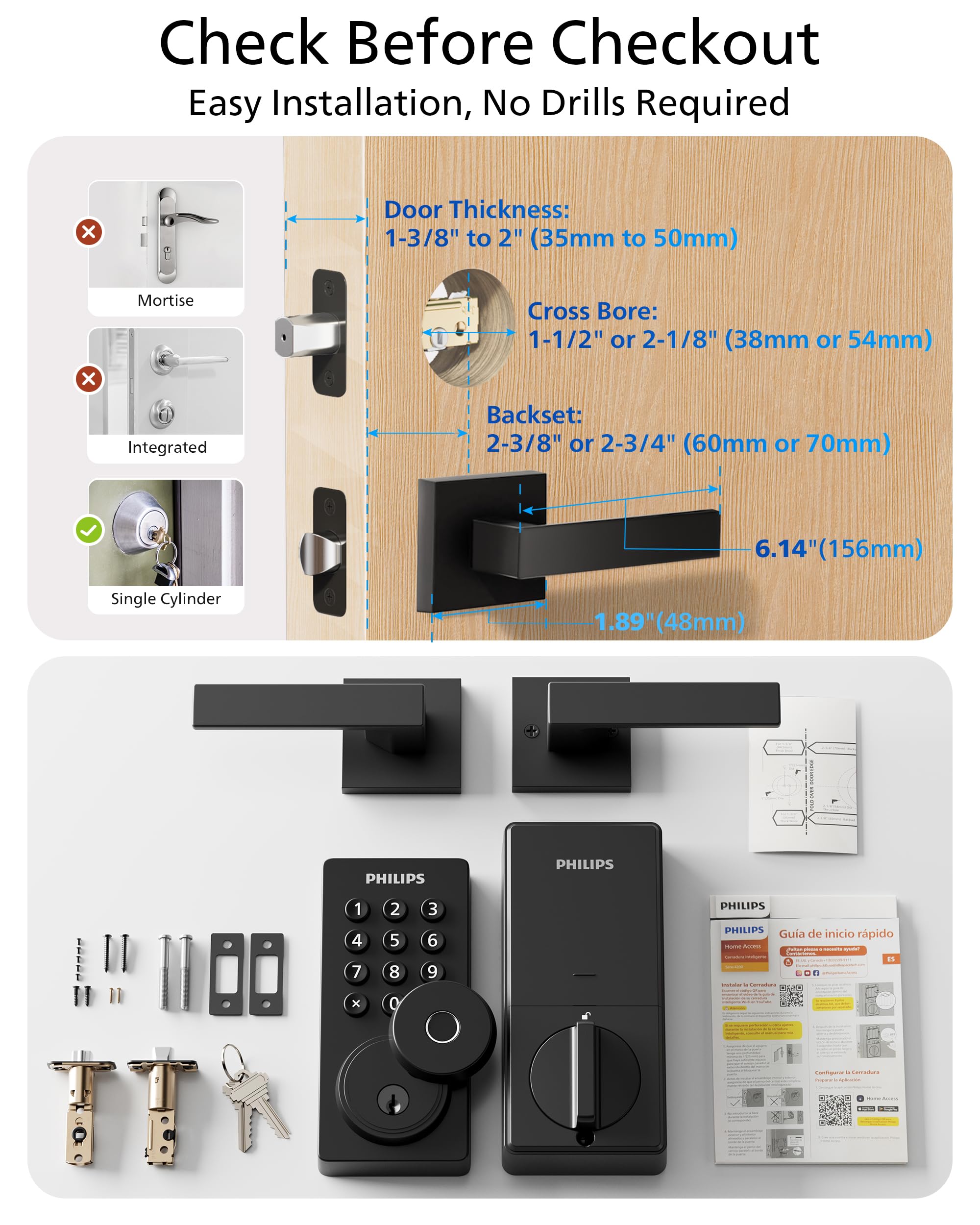 Philips WiFi Deadbolt Smart Lock with Handle, APP/Voice/Fingerprint/Passcode/Key Unlock, Smart Locks for Front Door with Handle Set, Backlit Keypad Deadbolt, Keyless Entry, Remote Control, Auto-Lock