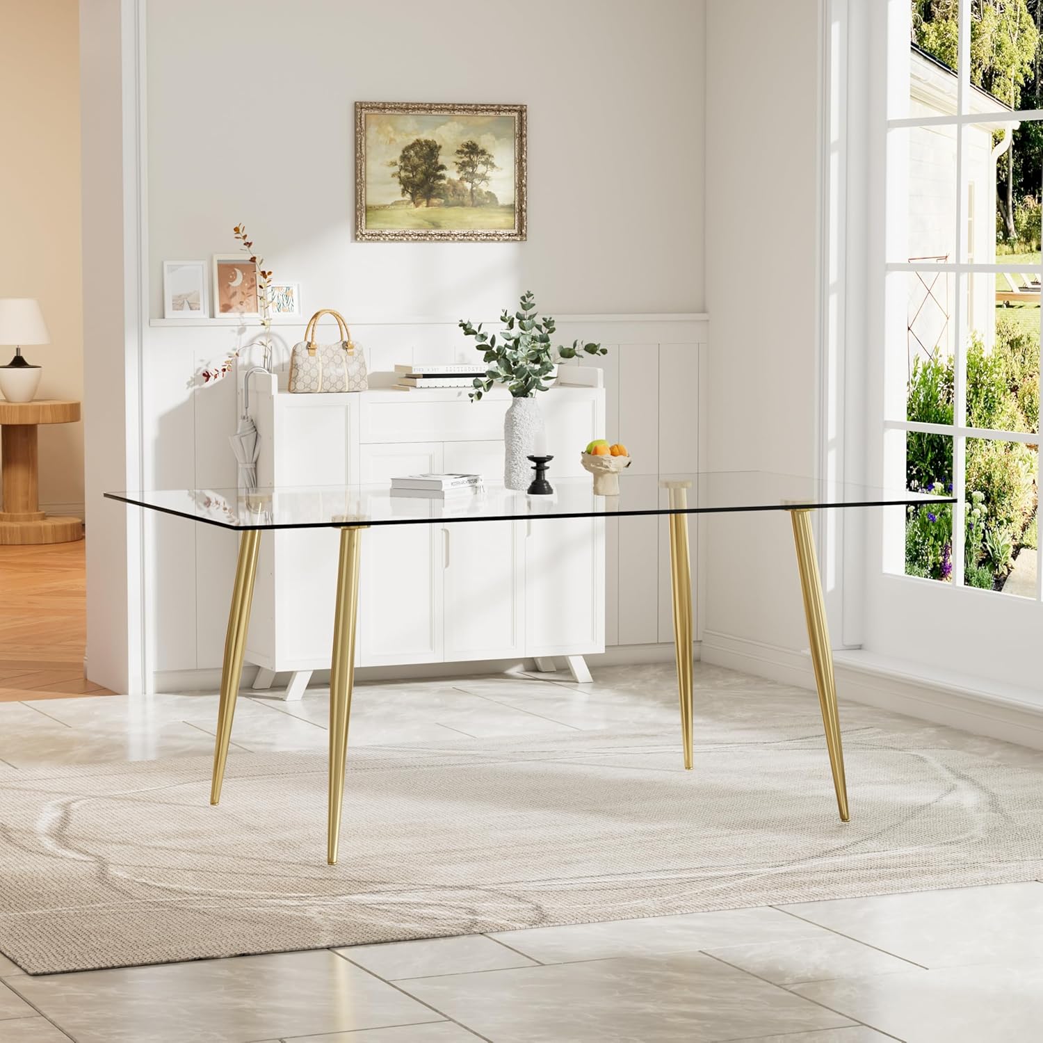 Baysitone Glass Dining Table for 4 with 63 inch Clear Rectangular Glass Top, 0.31" Modern Tempered Glass Kitchen Table Furniture with 4 Gold Plating Metal Legs for Home Dining Room