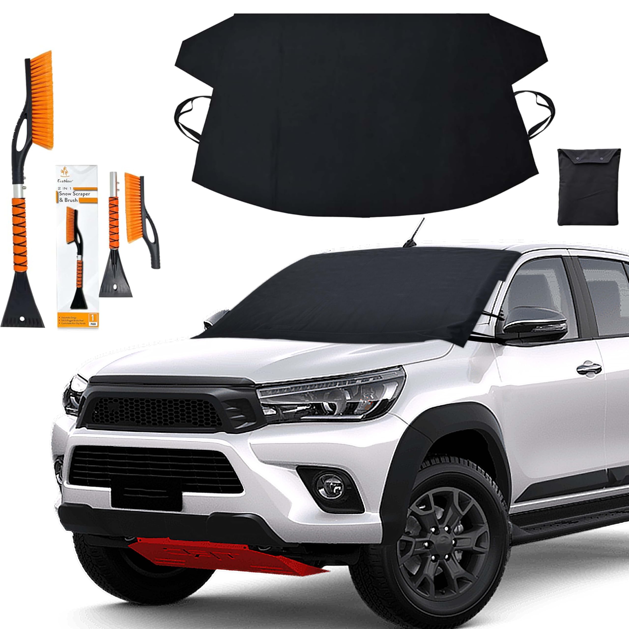 EcoNour Truck Windshield Cover for Ice and Snow (74"x43") | Snow Brush and Ice Scrapers for Car (1 Pack) with Scratch Free Bristle Head | Winter Car Kit for Pickup Trucks, Fullsize SUVs