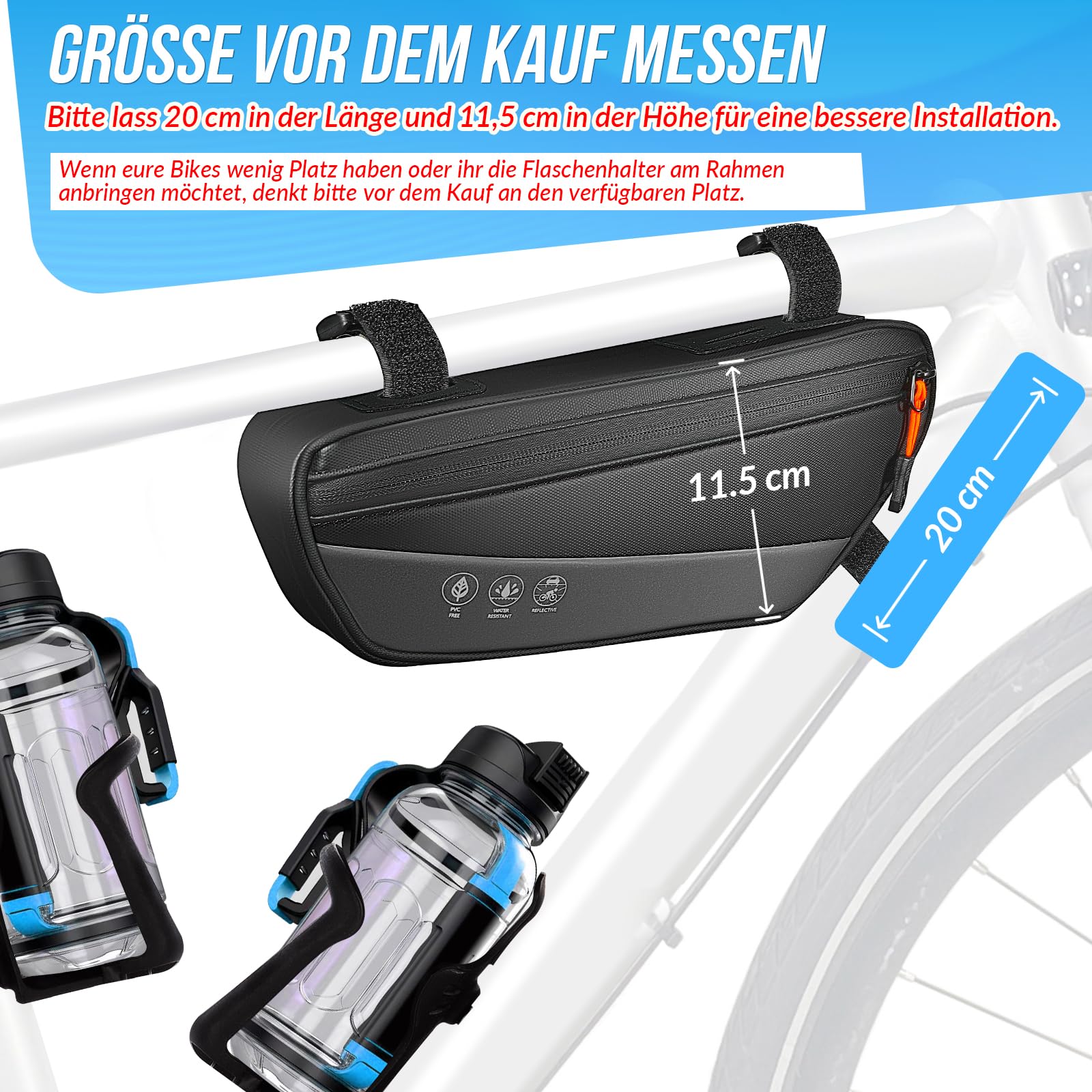 WOTOW Fahrradrahmentasche Dreiecktasche - 1,8 L wasserdichte Fahrradtasche mit Seitentasche, reflektierende Fahrradwerkzeugtasche 30 * 11,5 * 5,7 cm