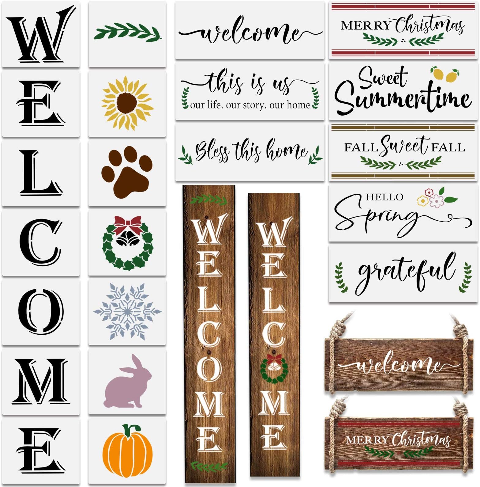 Vloso 22Pcs Reusable Welcome Stencil for Painting on Wood/ Porch Sign and Front Door ,Large Vertical Welcome Sign Stencil -Comes with Seasonal Stencils