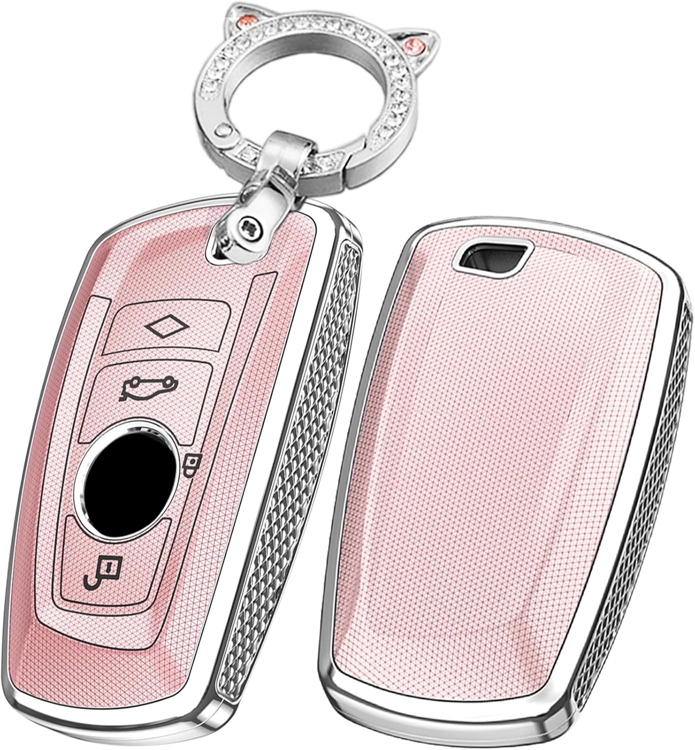 SANRILY Plating Key Fob Cover Compatible with BMW X1 X3 X4 X5 X6 1 2 4 5 6 7 M3 M5 M6 GT3 GT5 G30 F10 F15 F16 F20 Keyless Key Fob Case Shell with Bling Keychain Silver