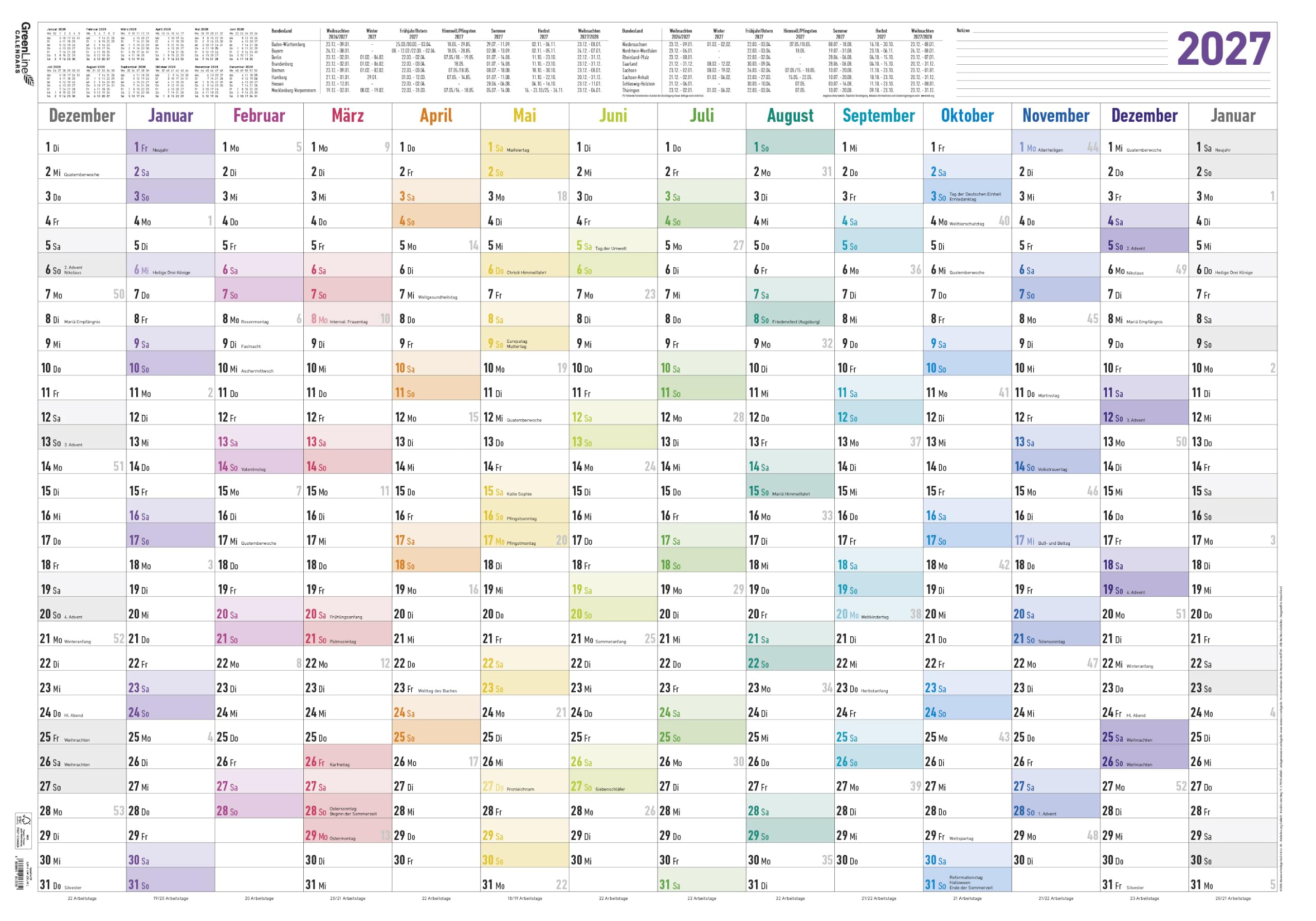 Jahresplaner XL Prisma 14 Mon 1 Stk. gerollt 2027: Plakatkalender 100x70 cm im Rainbow-Design mit Jahresübersicht, Ferienkalender & Arbeitstagezählung für Büro & Homeoffice