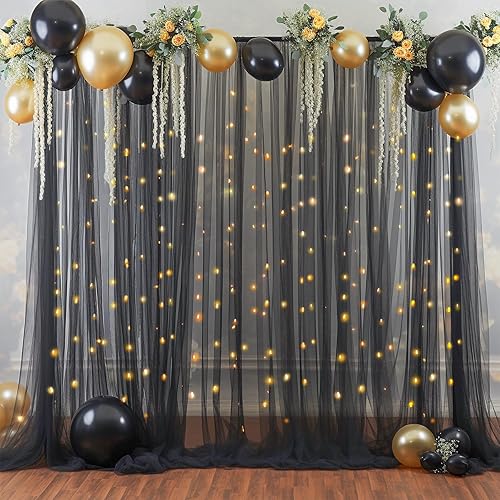 Miniatura 7 de Cortina de telón de fondo de tul negro de 10 x 10 pies con cadena de luces para fiestas, cortinas de telón de fondo transparentes para decoración